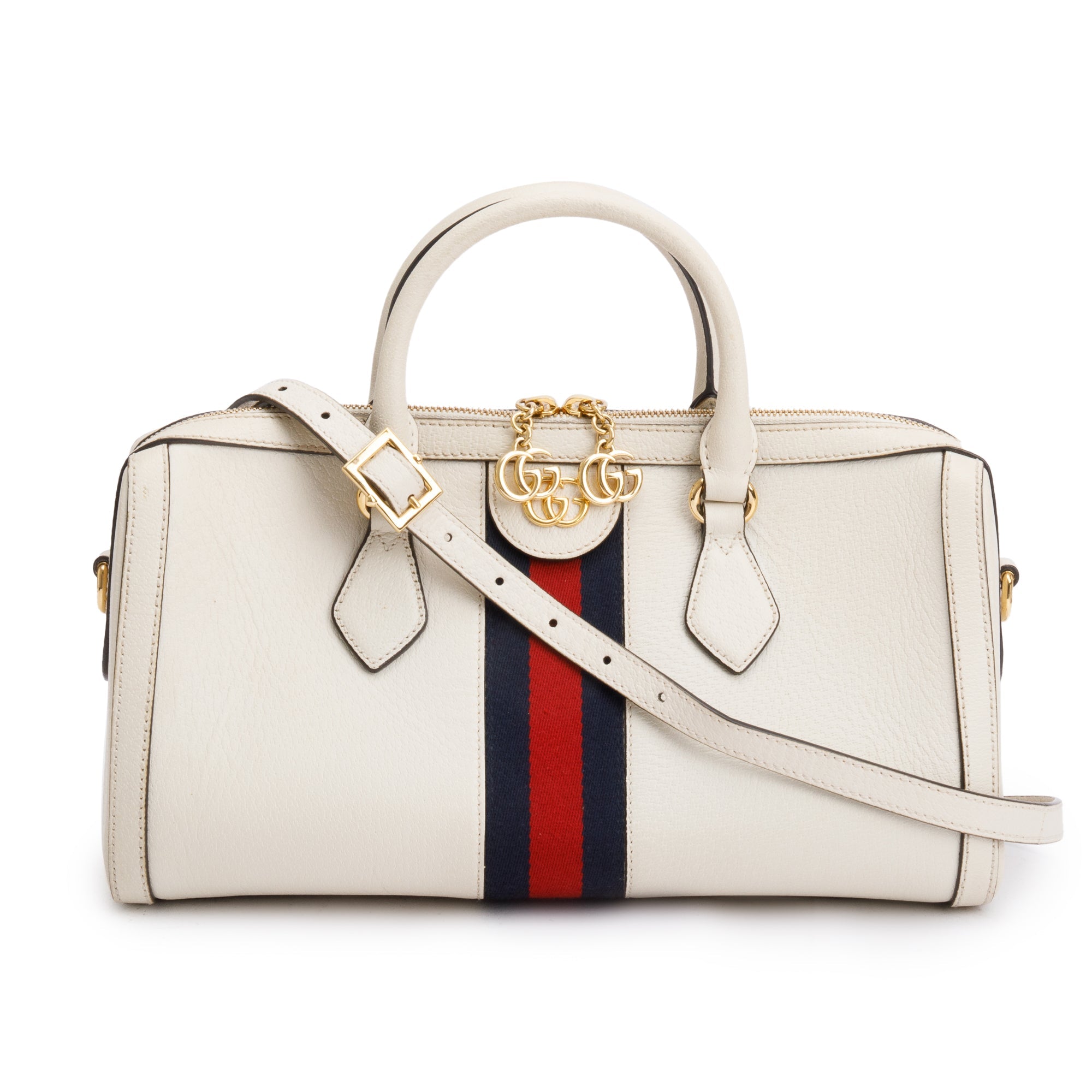 Gucci White Calfskin Leather Web Medium Ophidia Boston Bag w/ Strap & Box
