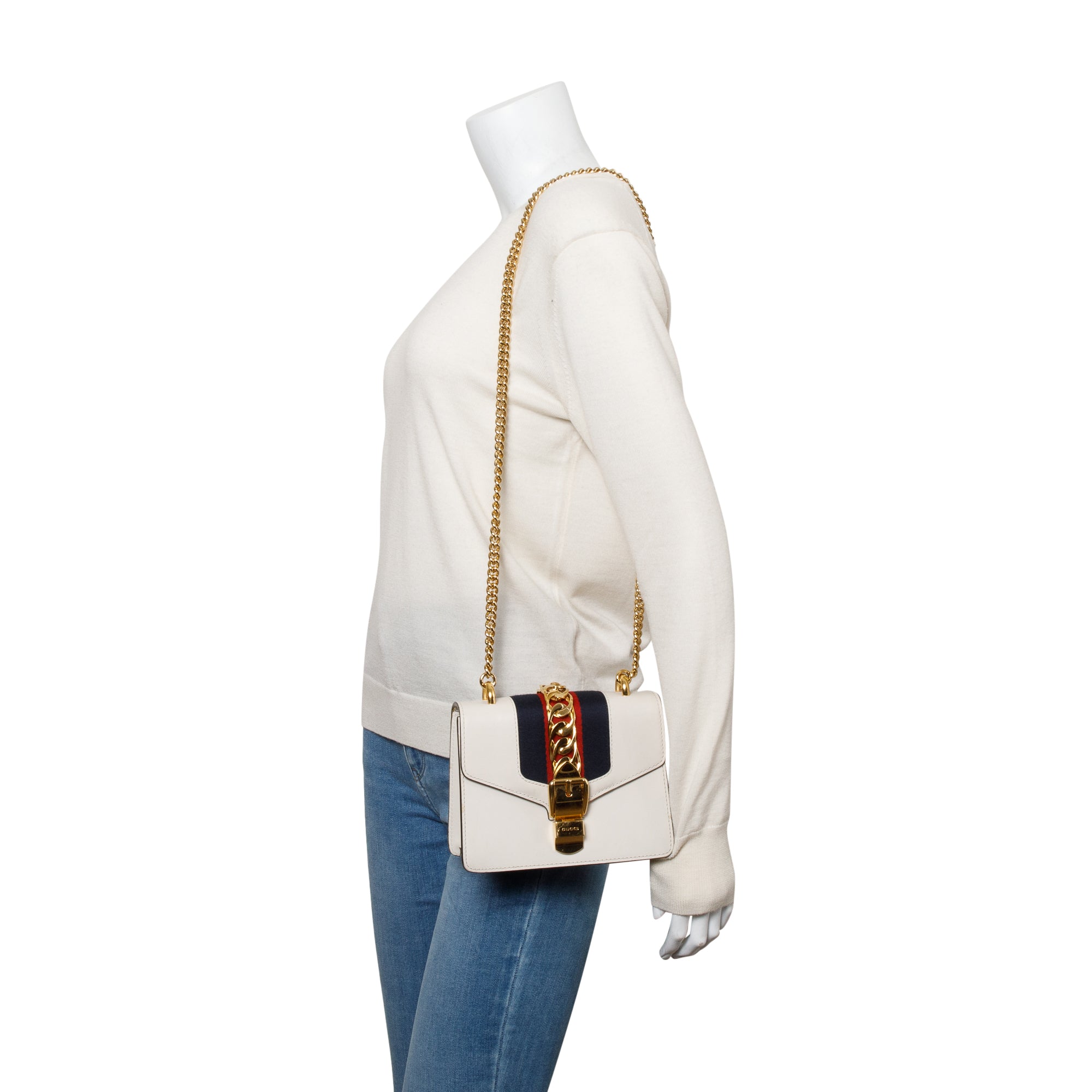 Gucci White Calfskin Leather Web Mini Sylvie Chain Shoulder Bag