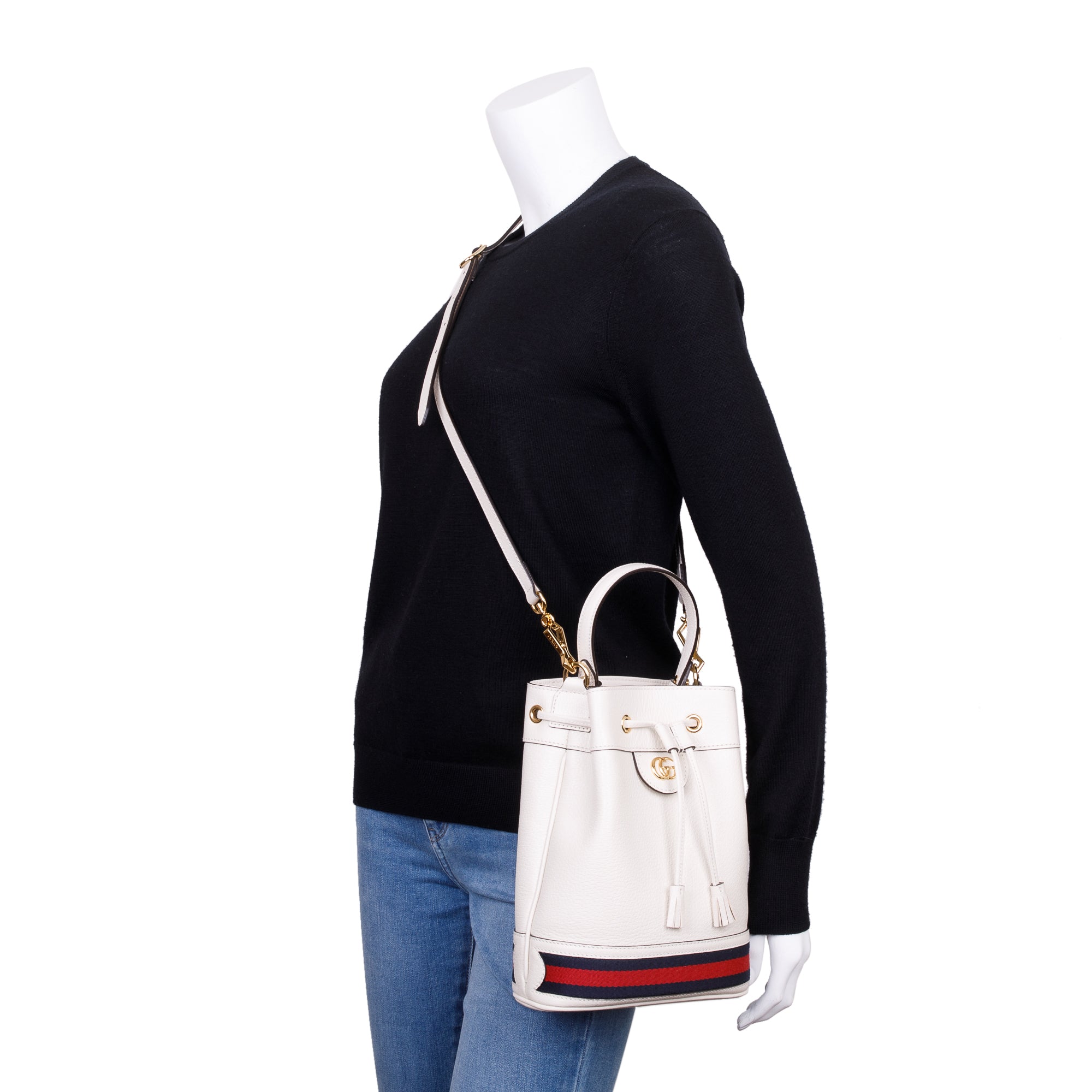 Gucci White Calfskin Leather Web Ophidia Small Bucket Bag