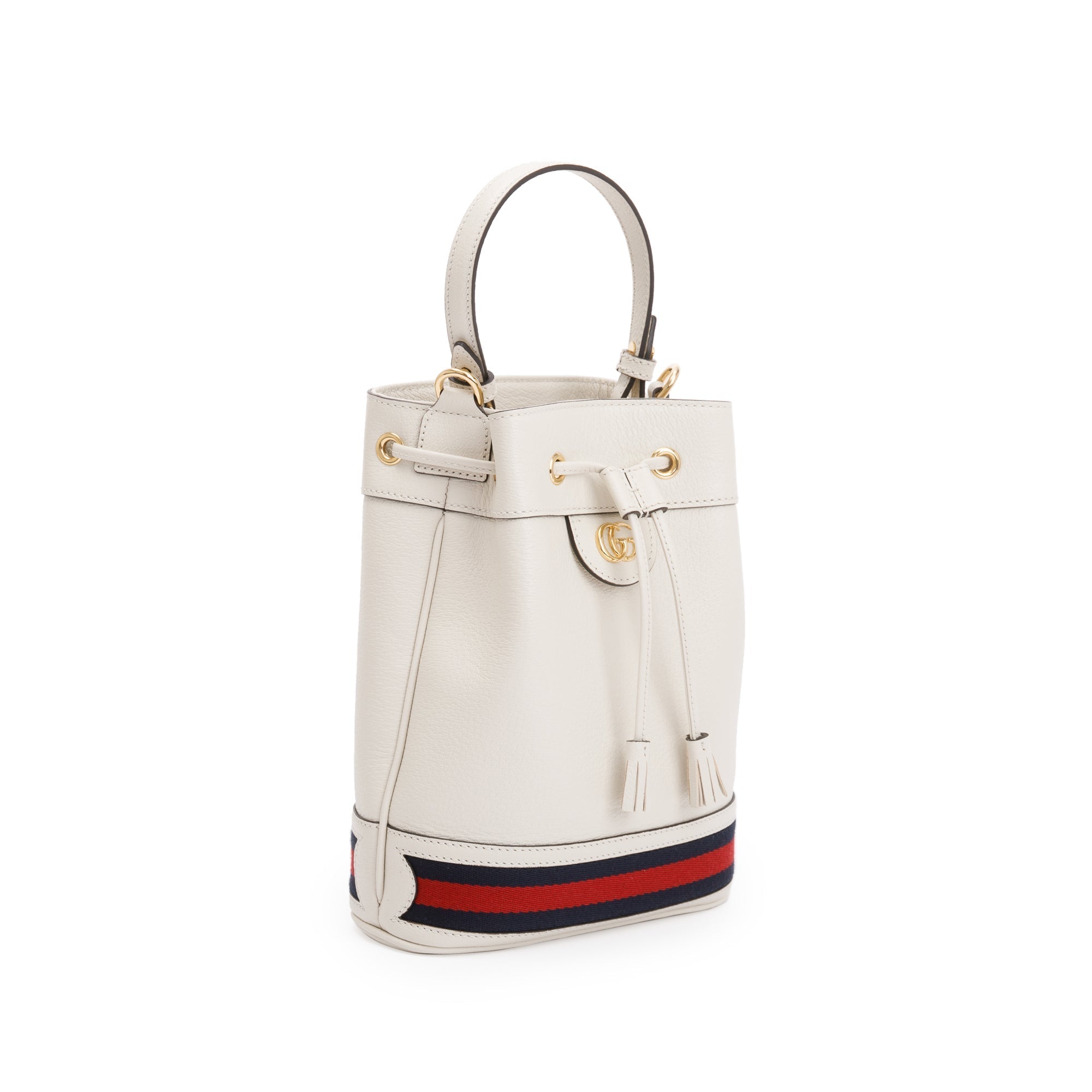 Gucci White Calfskin Leather Web Ophidia Small Bucket Bag