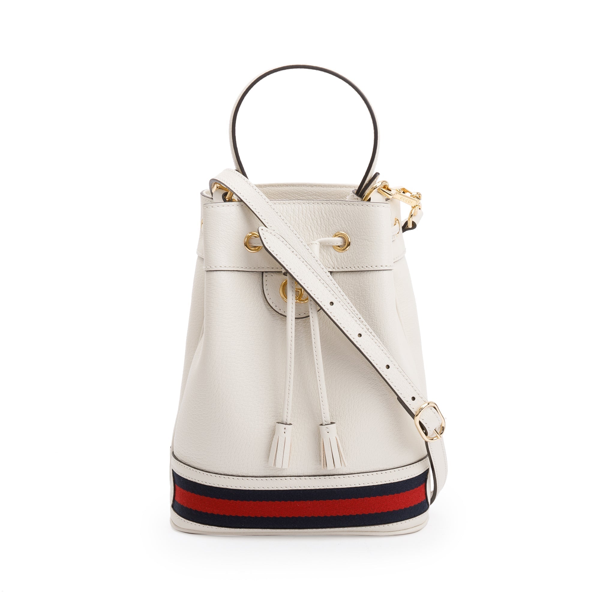 Gucci White Calfskin Leather Web Ophidia Small Bucket Bag