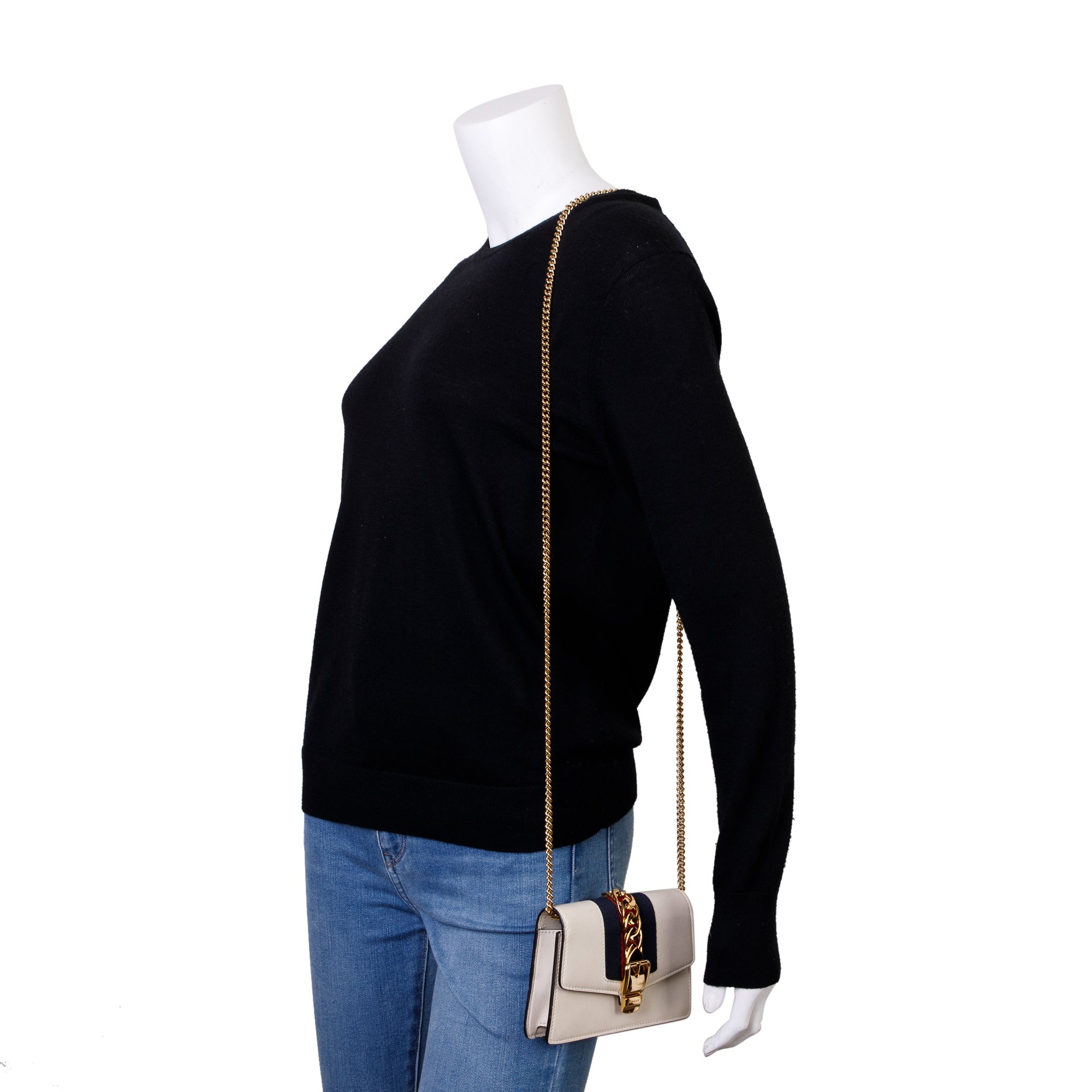 Gucci White Calfskin Leather Web Super Mini Sylvie Chain Shoulder Bag w/ Box