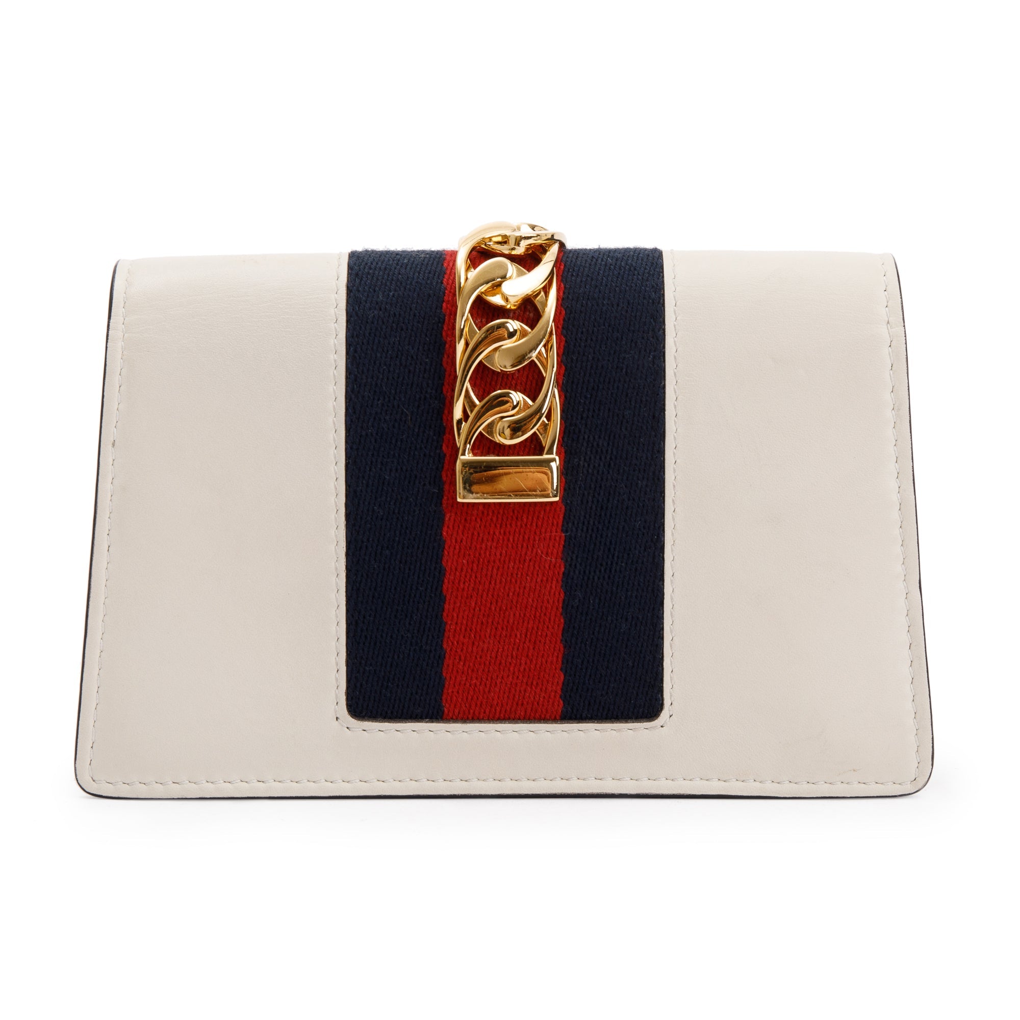 Gucci White Calfskin Leather Web Super Mini Sylvie Chain Shoulder Bag w/ Box