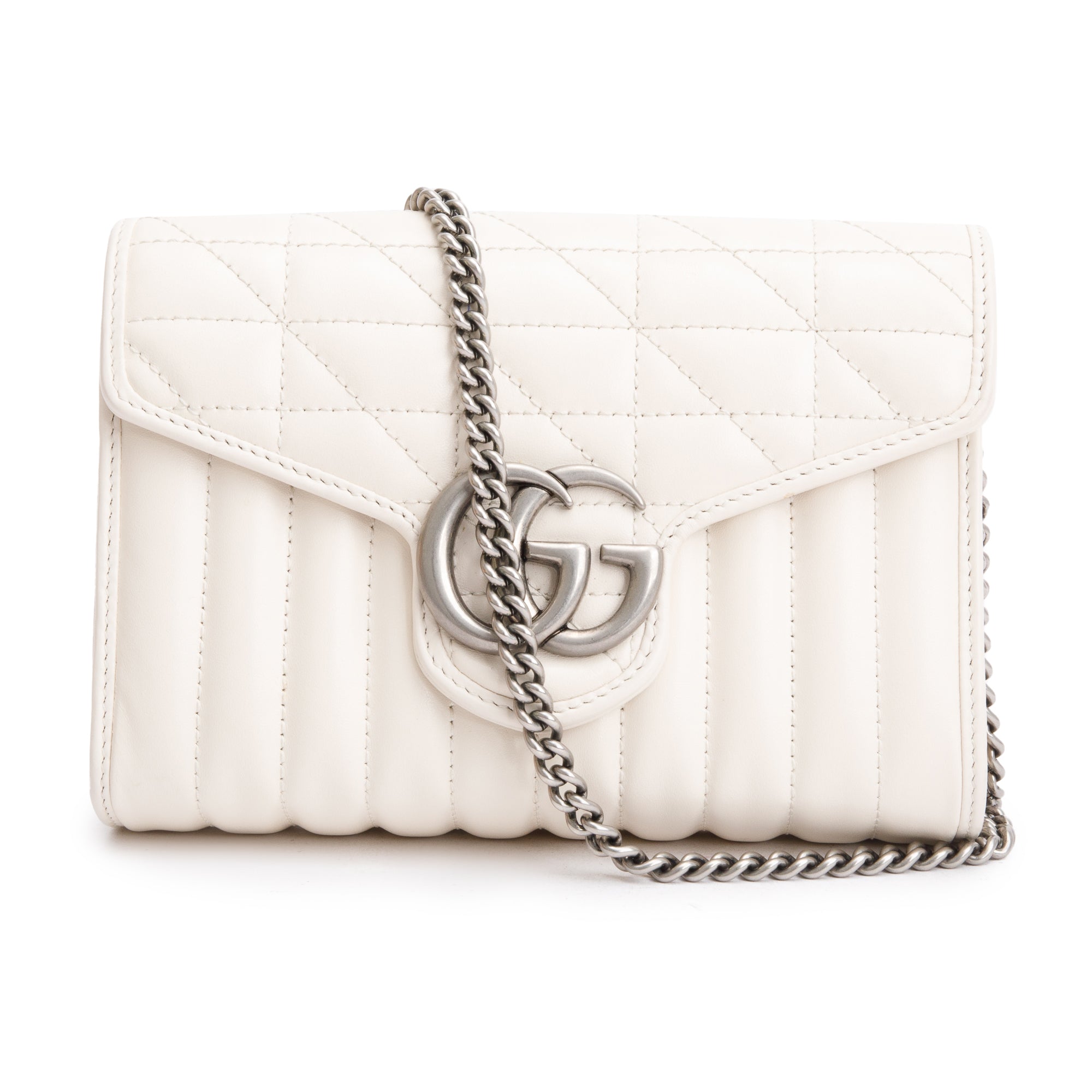 Gucci White GG Marmont Matelasse Leather Mini Chain Wallet w/ Box