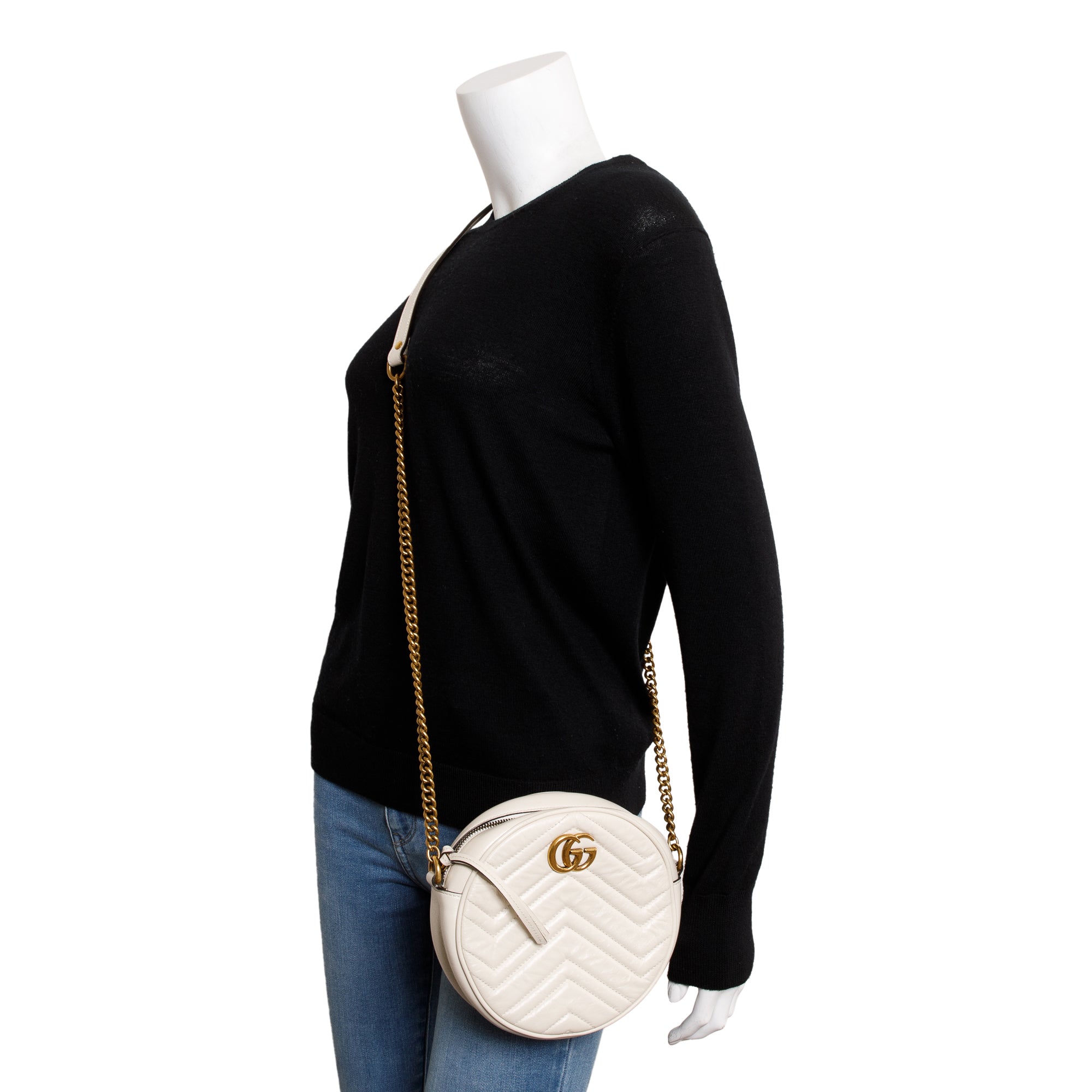 Gucci White GG Marmont Matelasse Leather Mini Round Shoulder Bag