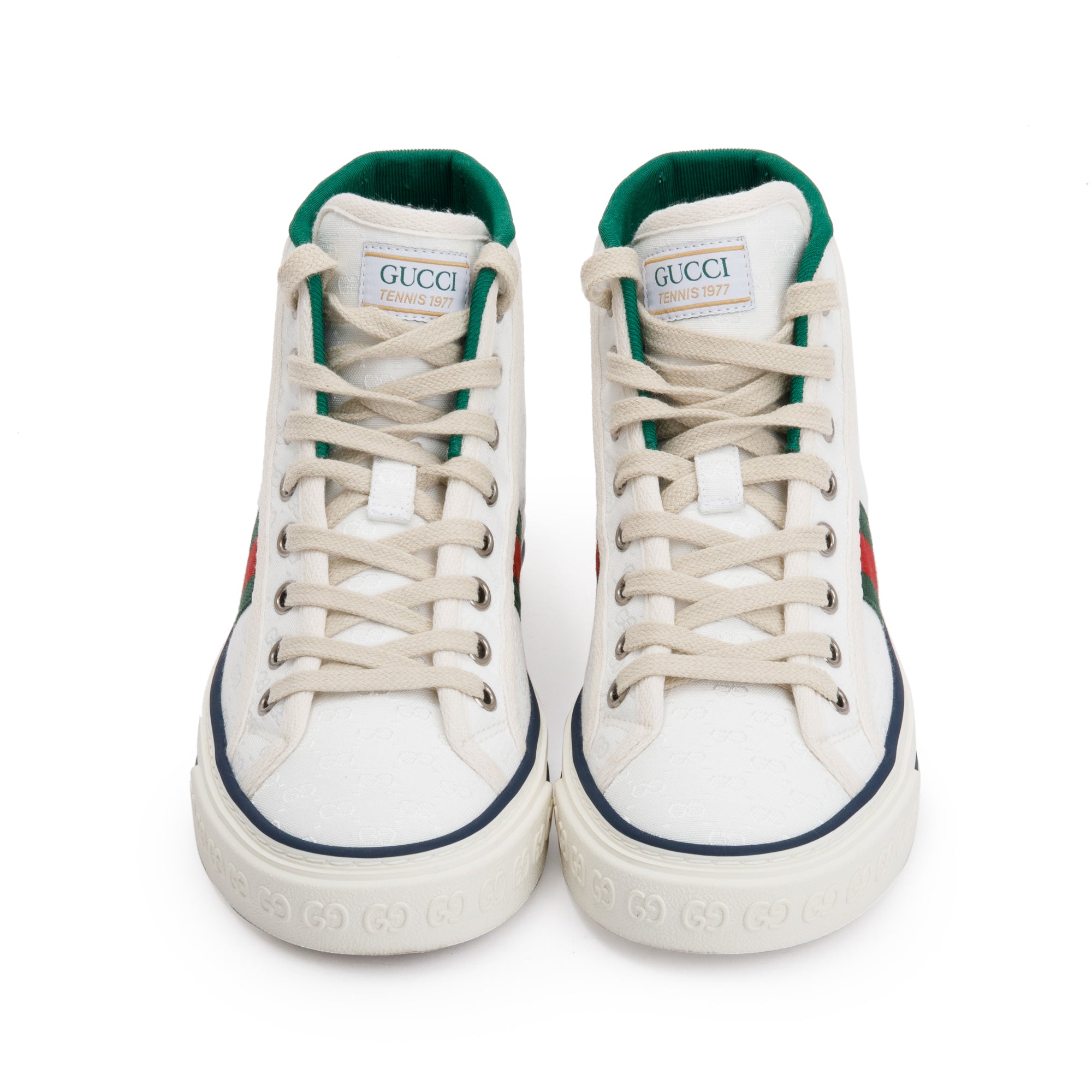 Gucci White GG Monogram Canvas Web 1977 High Top Tennis Sneakers, Size 35 w/ Box