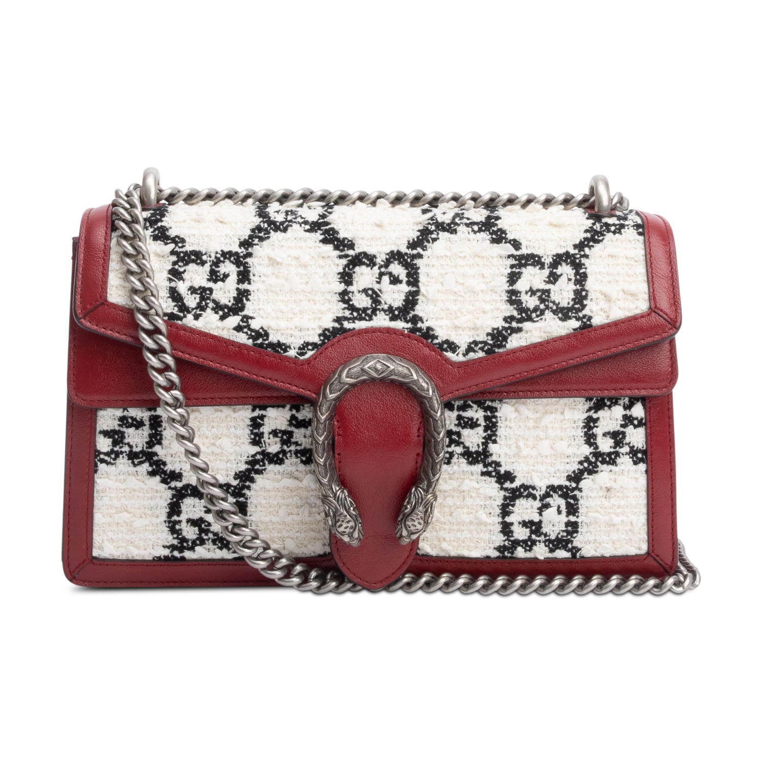 Gucci White GG Tweed Red Leather Small Dionysus Shoulder Bag