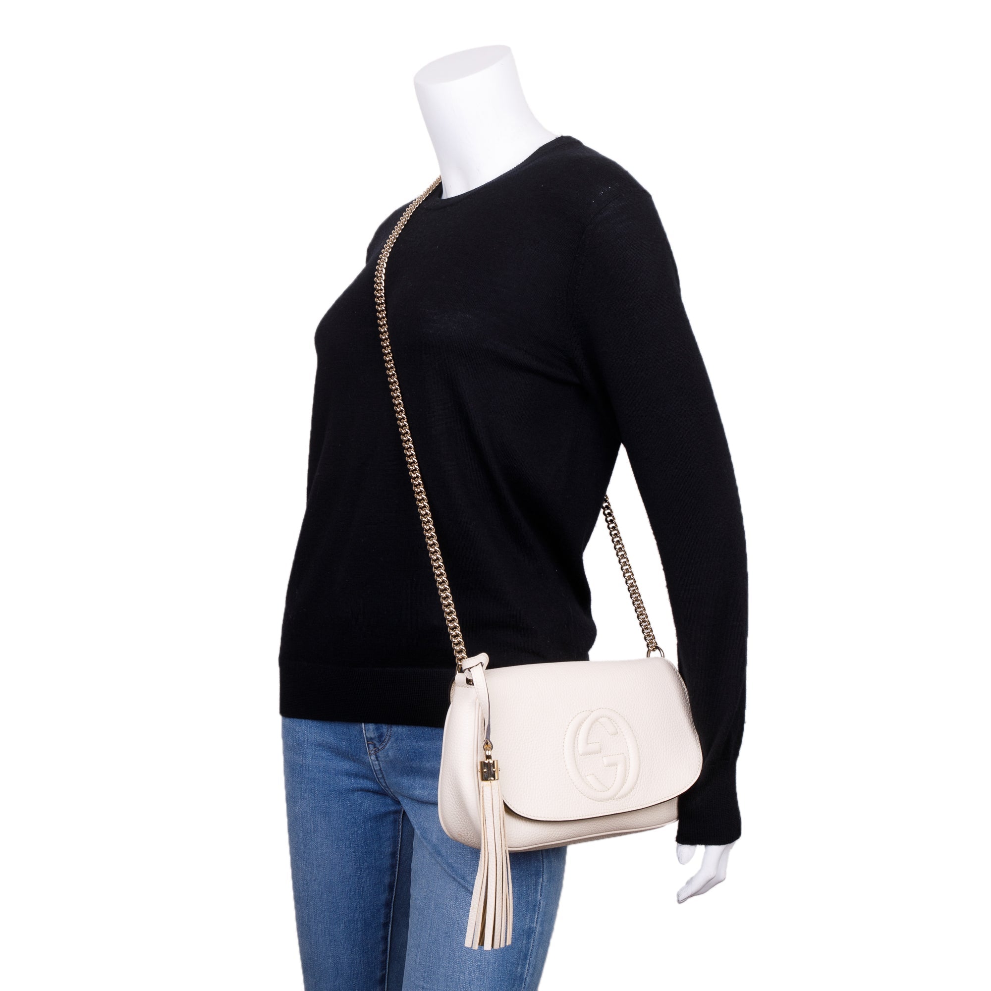 Gucci White Grained Calfskin Leather Medium Soho Chain Crossbody Bag