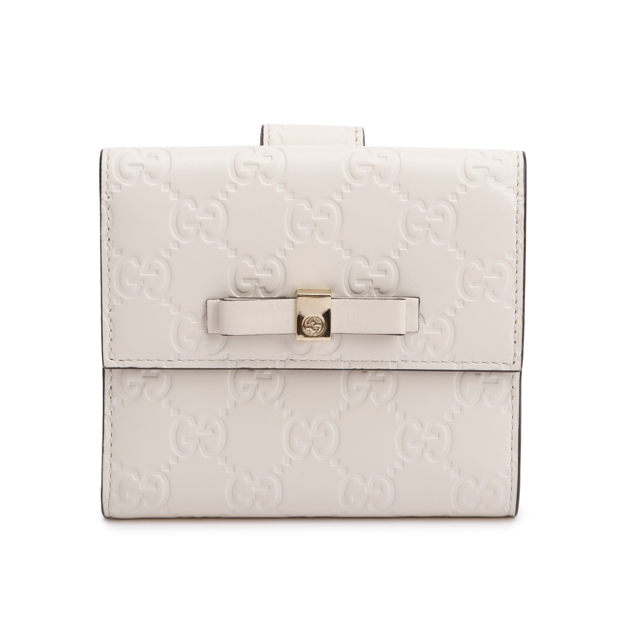 Gucci White Guccisimma Leather Compact Bow Wallet w/ Box