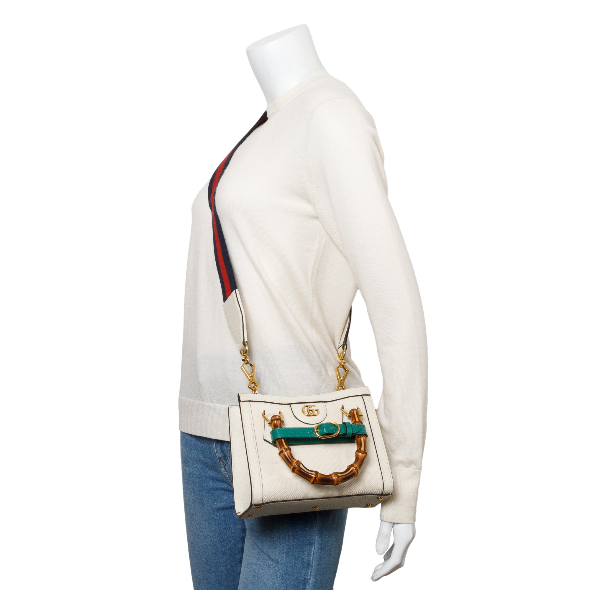Gucci White Jumbo GG Canvas and Calfskin Leather Diana Mini Tote Bag w/ Straps & Box
