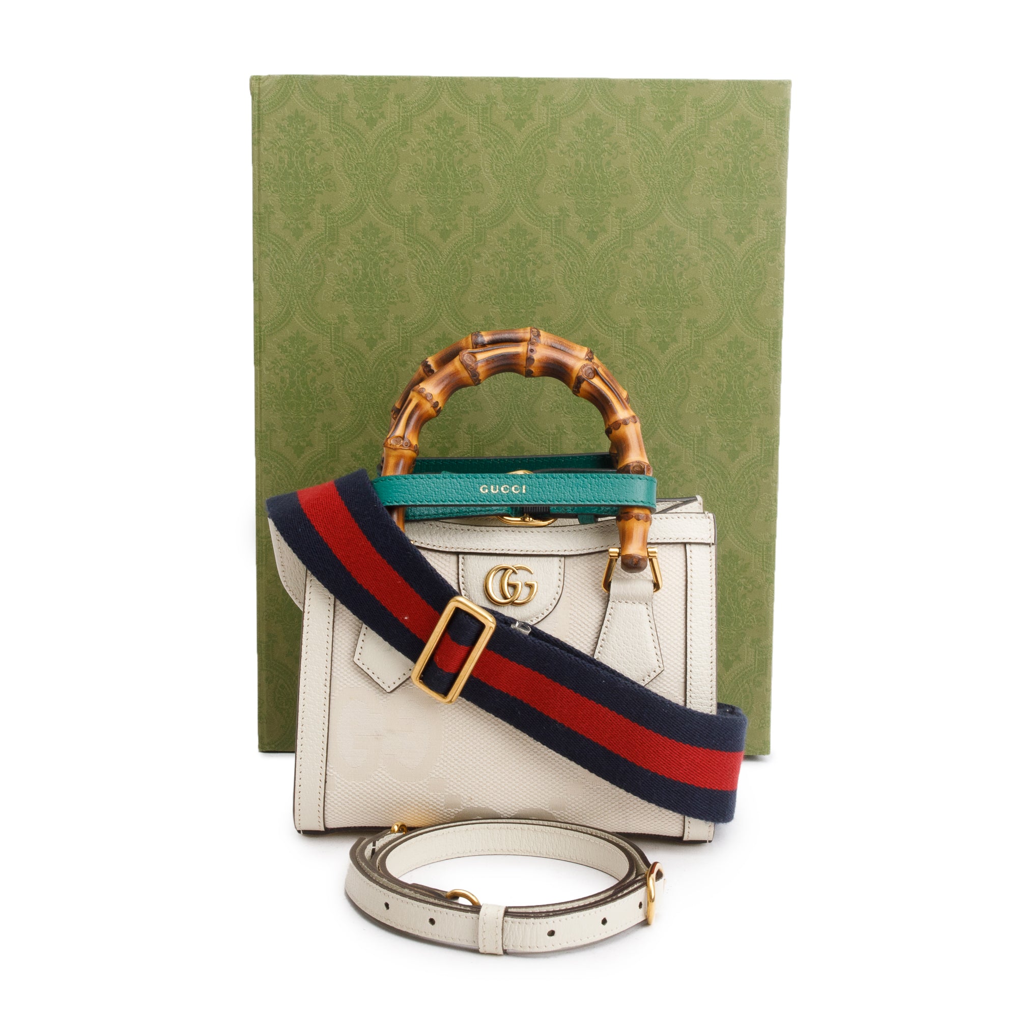 Gucci White Jumbo GG Canvas and Calfskin Leather Diana Mini Tote Bag w/ Straps & Box