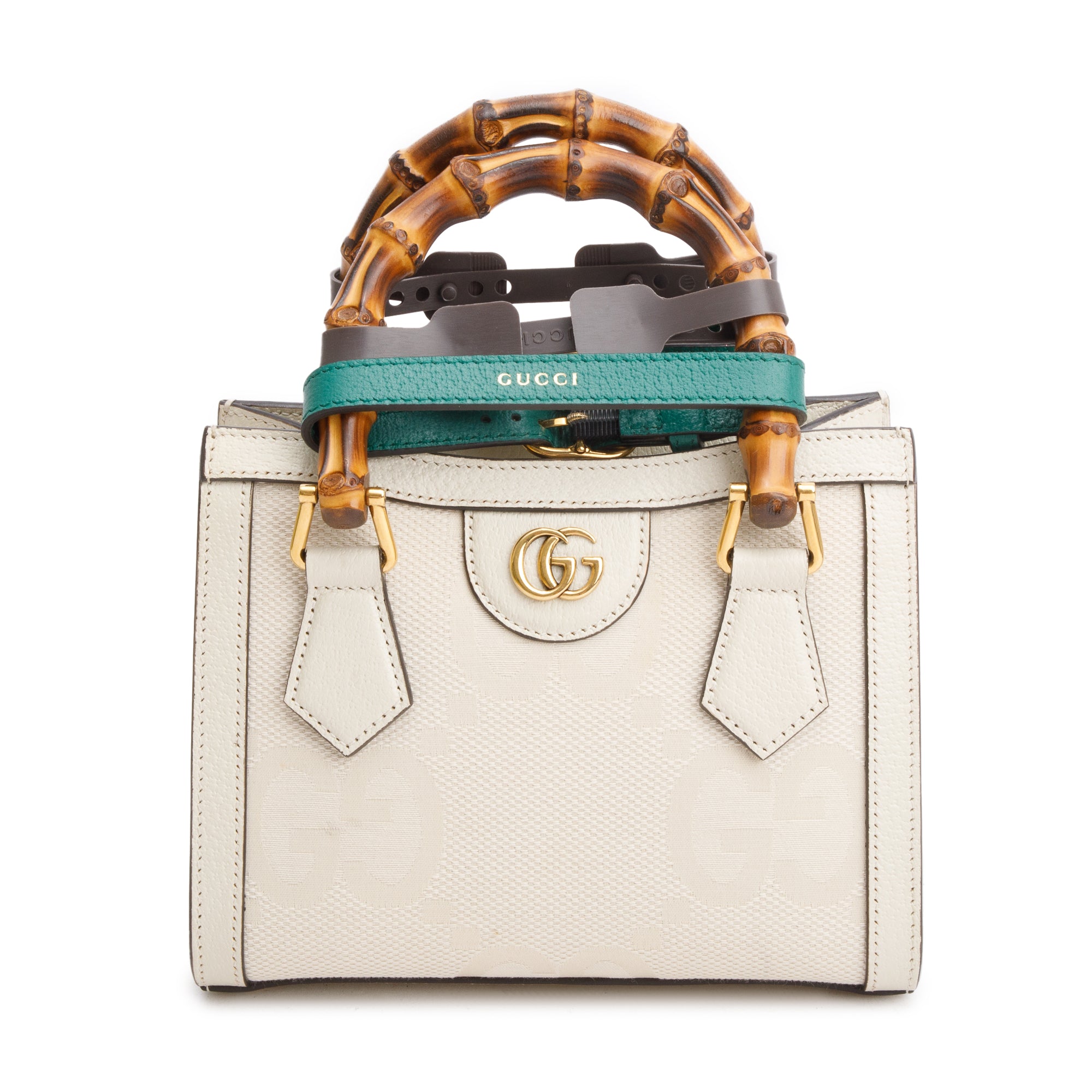 Gucci White Jumbo GG Canvas and Calfskin Leather Diana Mini Tote Bag w/ Straps & Box