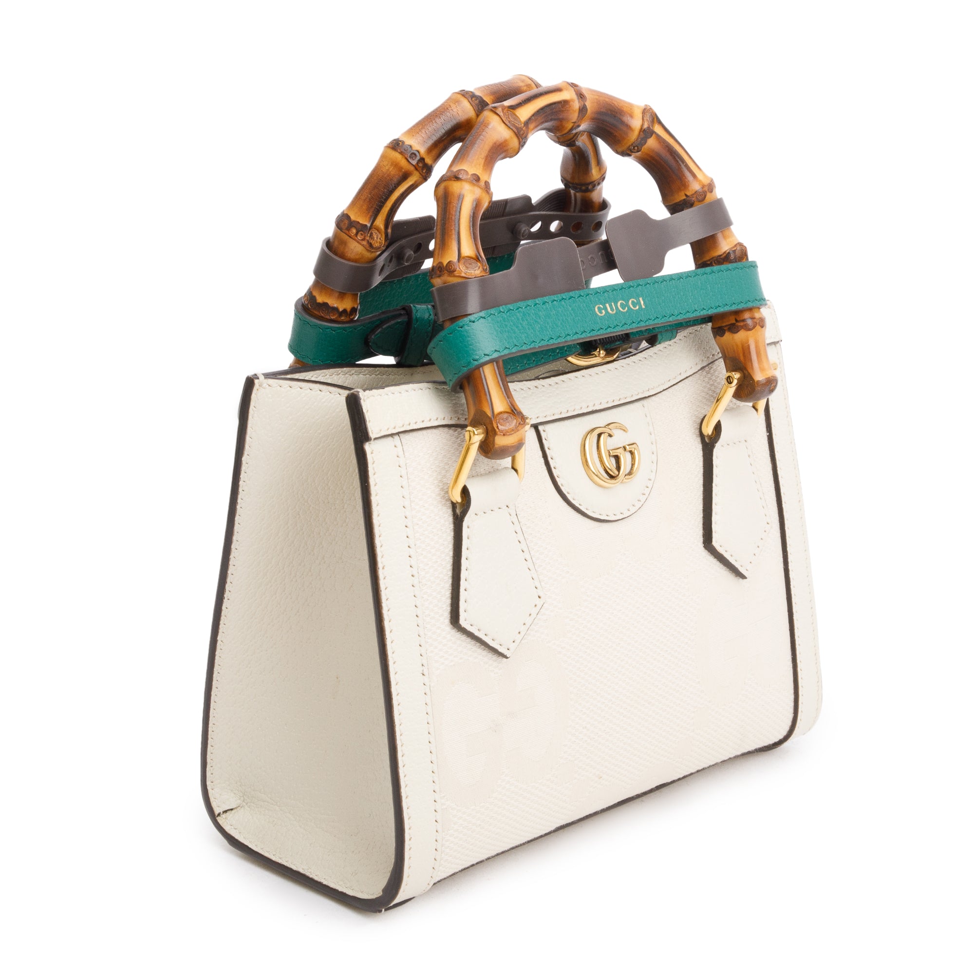 Gucci White Jumbo GG Canvas and Calfskin Leather Diana Mini Tote Bag w/ Straps & Box