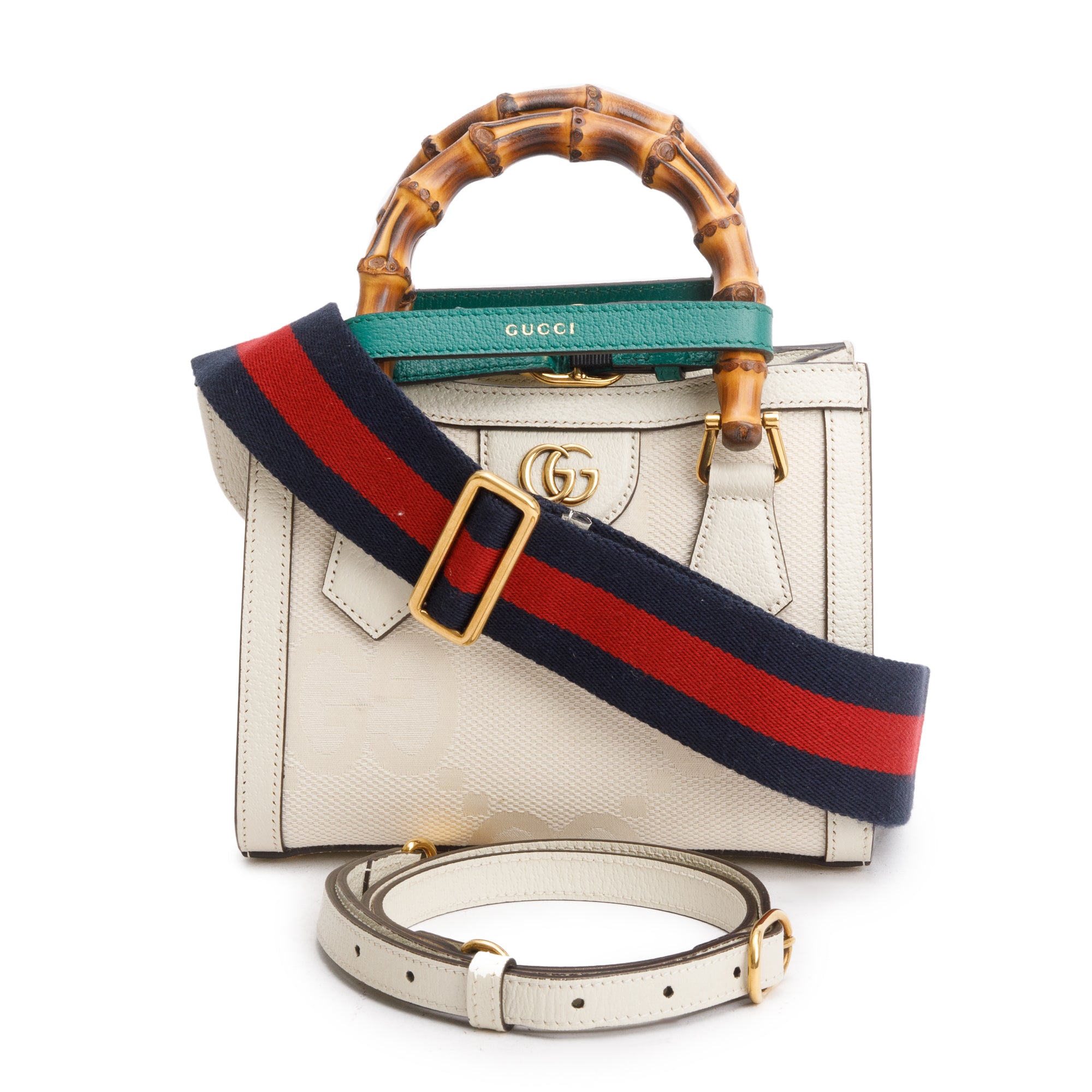 Gucci White Jumbo GG Canvas and Calfskin Leather Diana Mini Tote Bag w/ Straps & Box