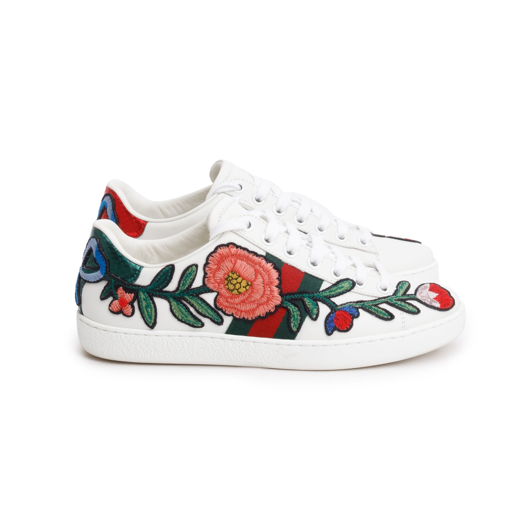Gucci White Leather Embroidered Web Flower Ace Sneakers, Size 35.5