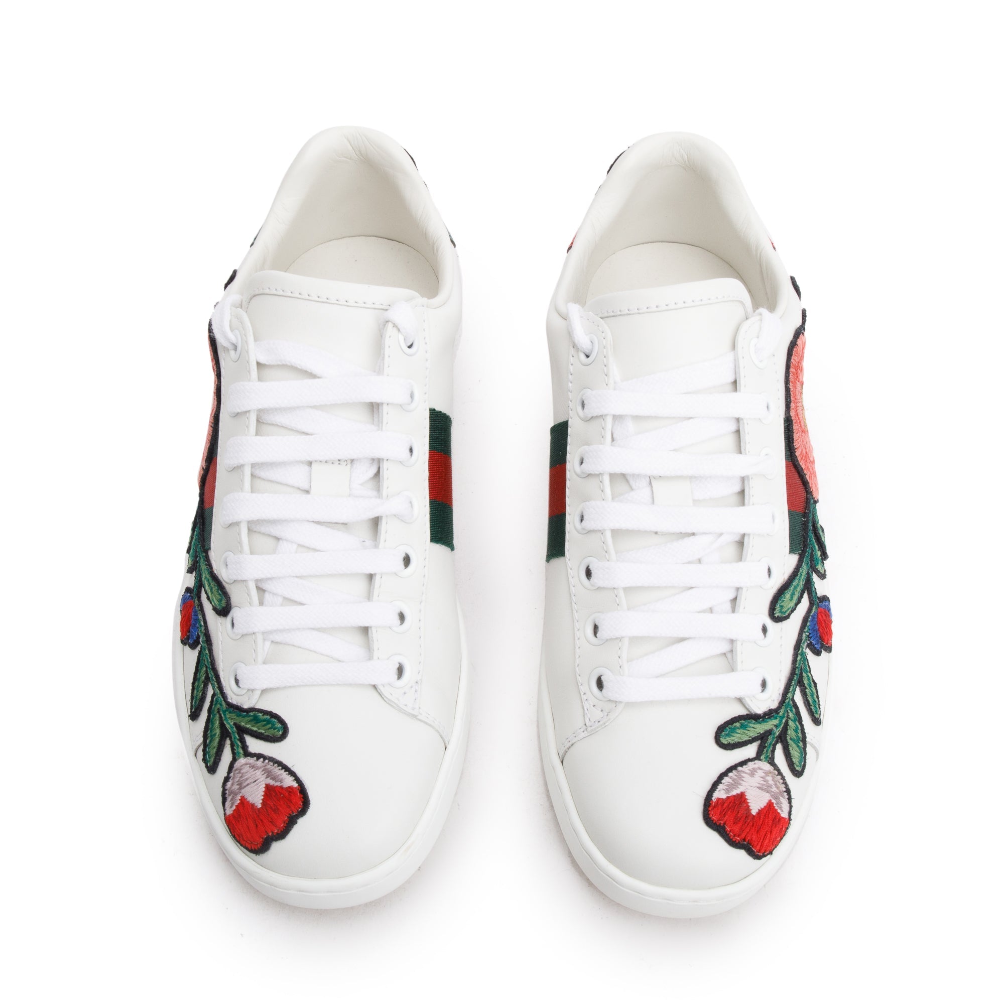 Gucci White Leather Embroidered Web Flower Ace Sneakers, Size 35.5