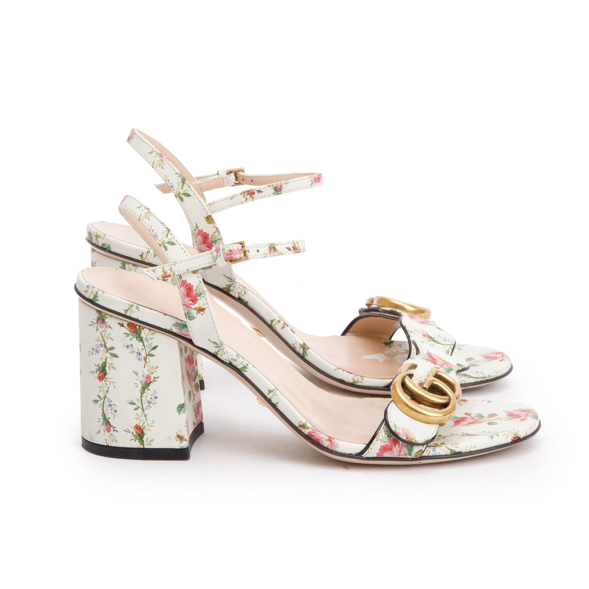 Gucci White Leather GG Marmont Floral Sandals, Size 36