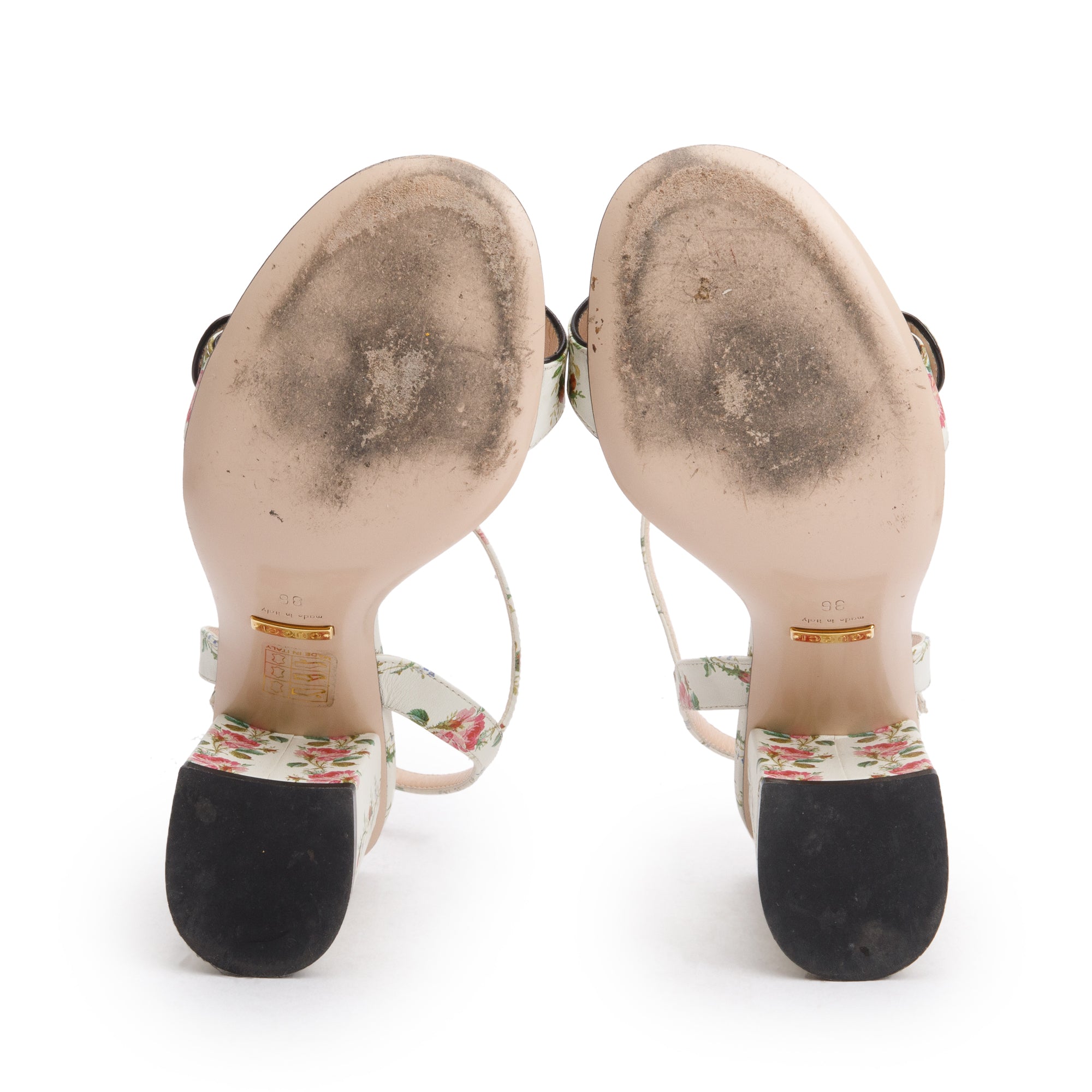 Gucci White Leather GG Marmont Floral Sandals, Size 36