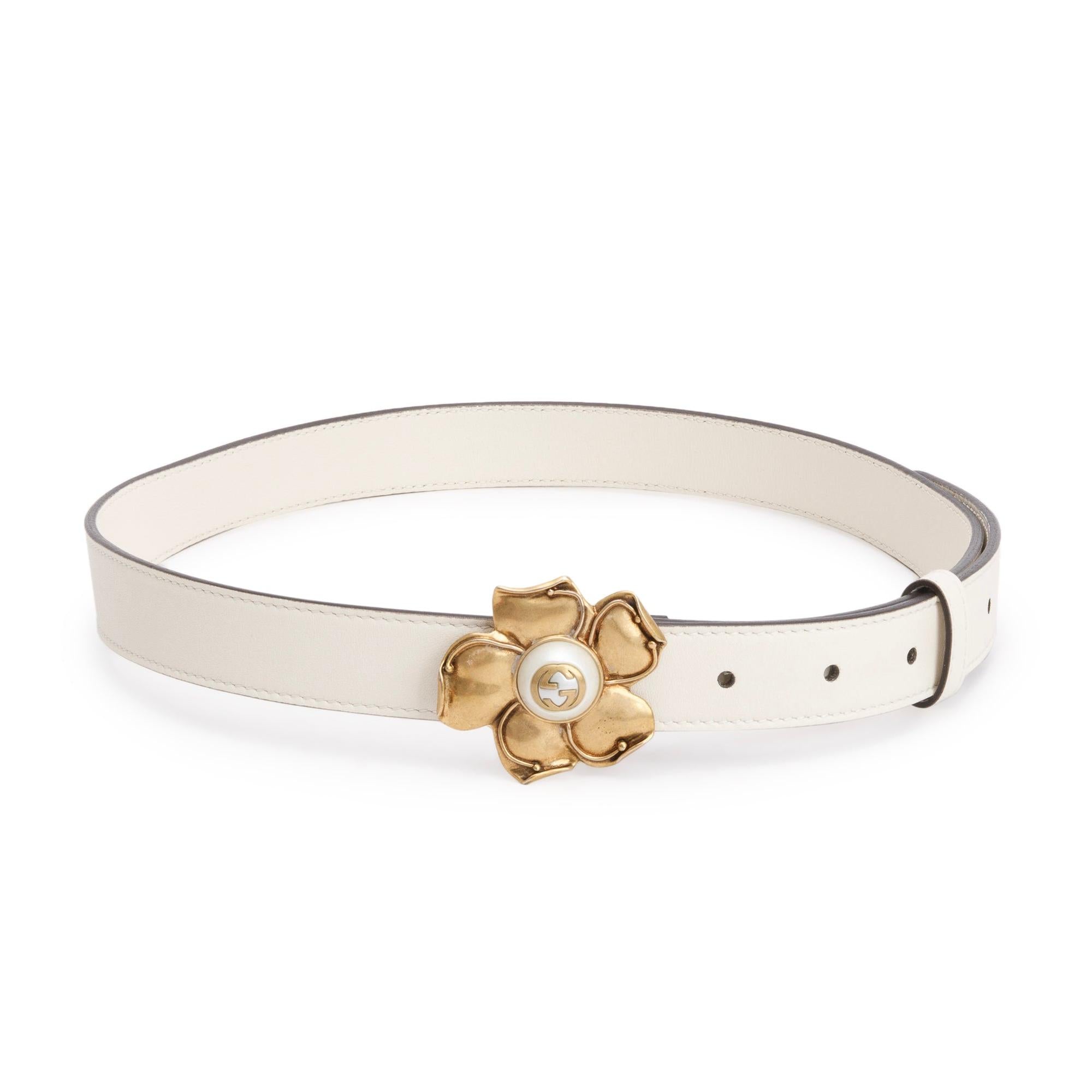 Gucci White Leather Metal Flower Buckle Thin Belt, 80 32