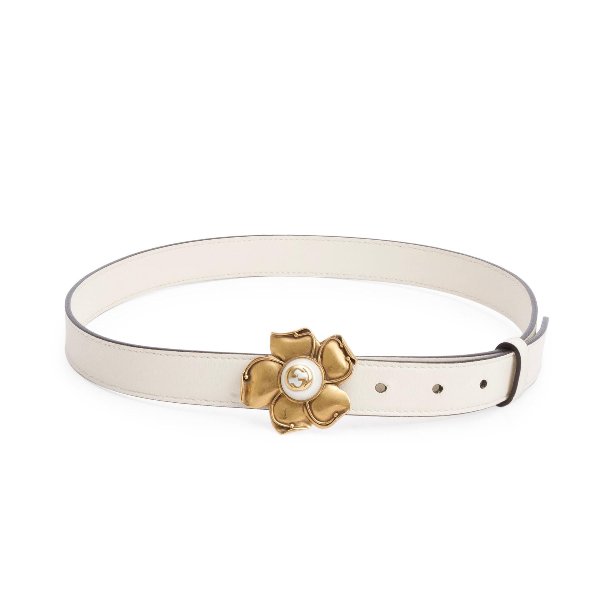 Gucci White Leather Metal Flower Buckle Thin Belt, 80 32