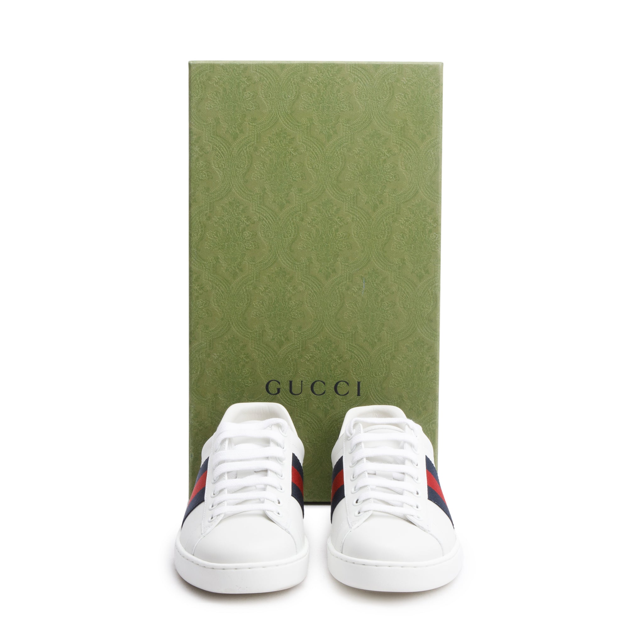Gucci White Leather Web Ace Sneakers, Size 4.5 w/ Box
