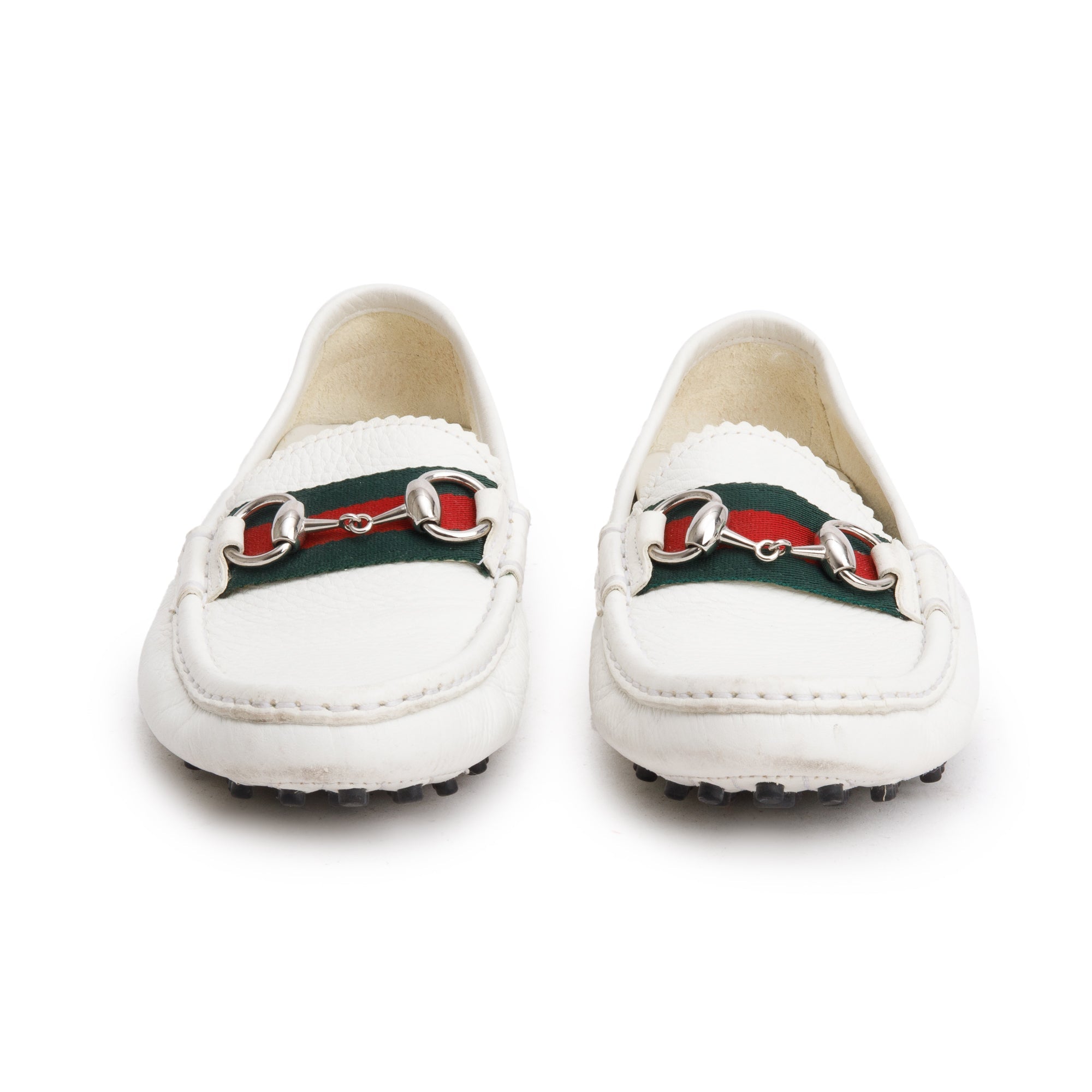 Gucci White Leather Web Horsebit Accent Loafers, Size 36.5
