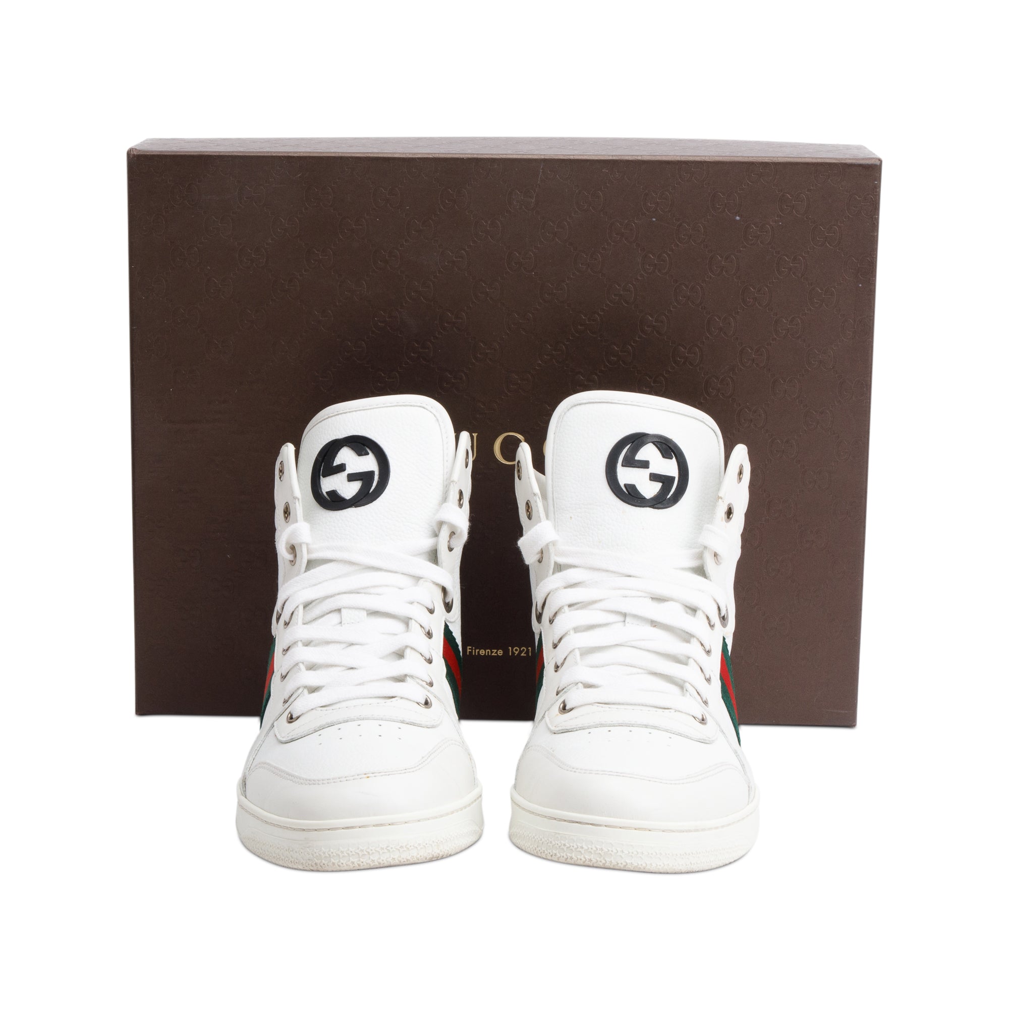 Gucci White Leather Web Interlocking G Coda Stripe High-Top Sneakers, Size 8.5 w/ Box