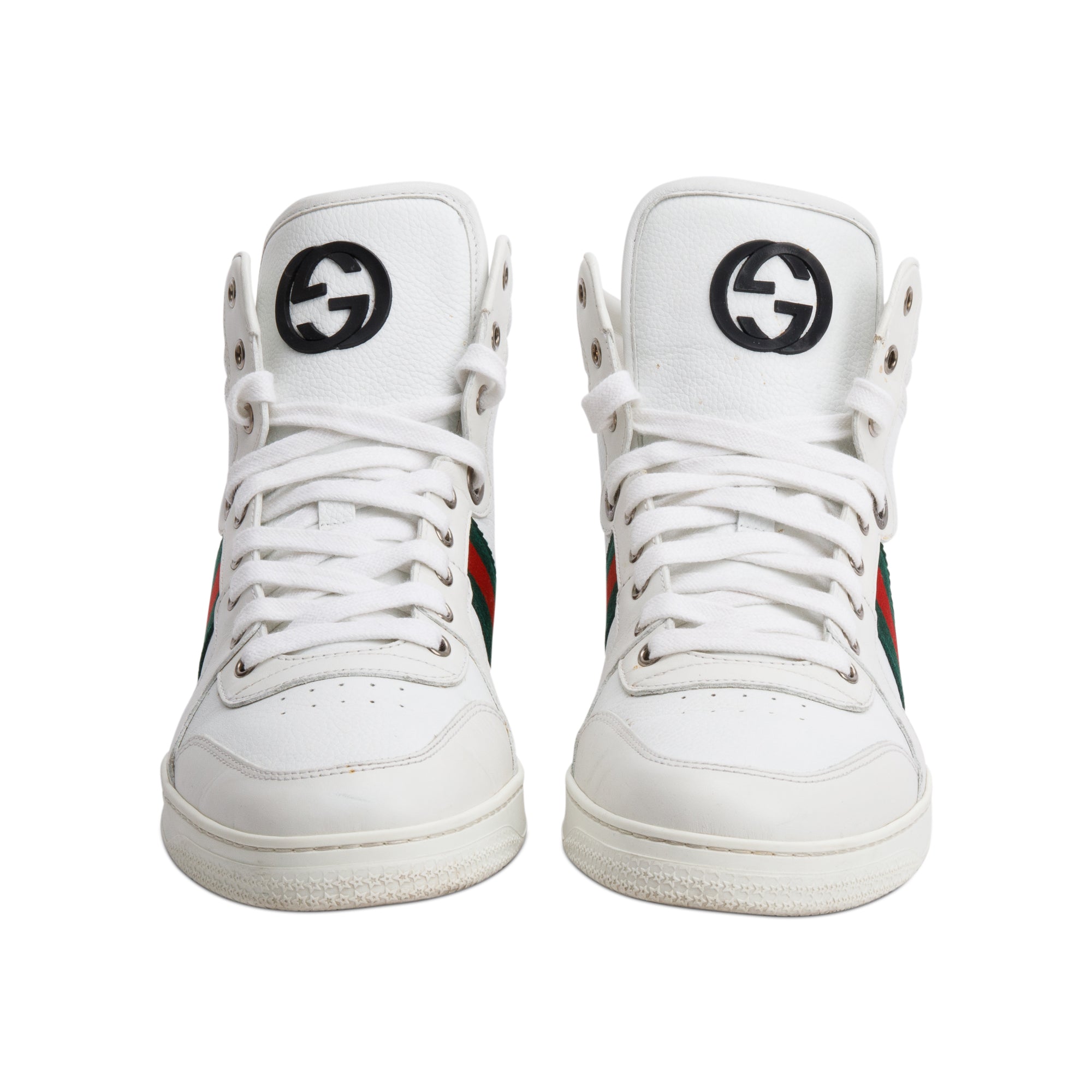Gucci White Leather Web Interlocking G Coda Stripe High-Top Sneakers, Size 8.5 w/ Box