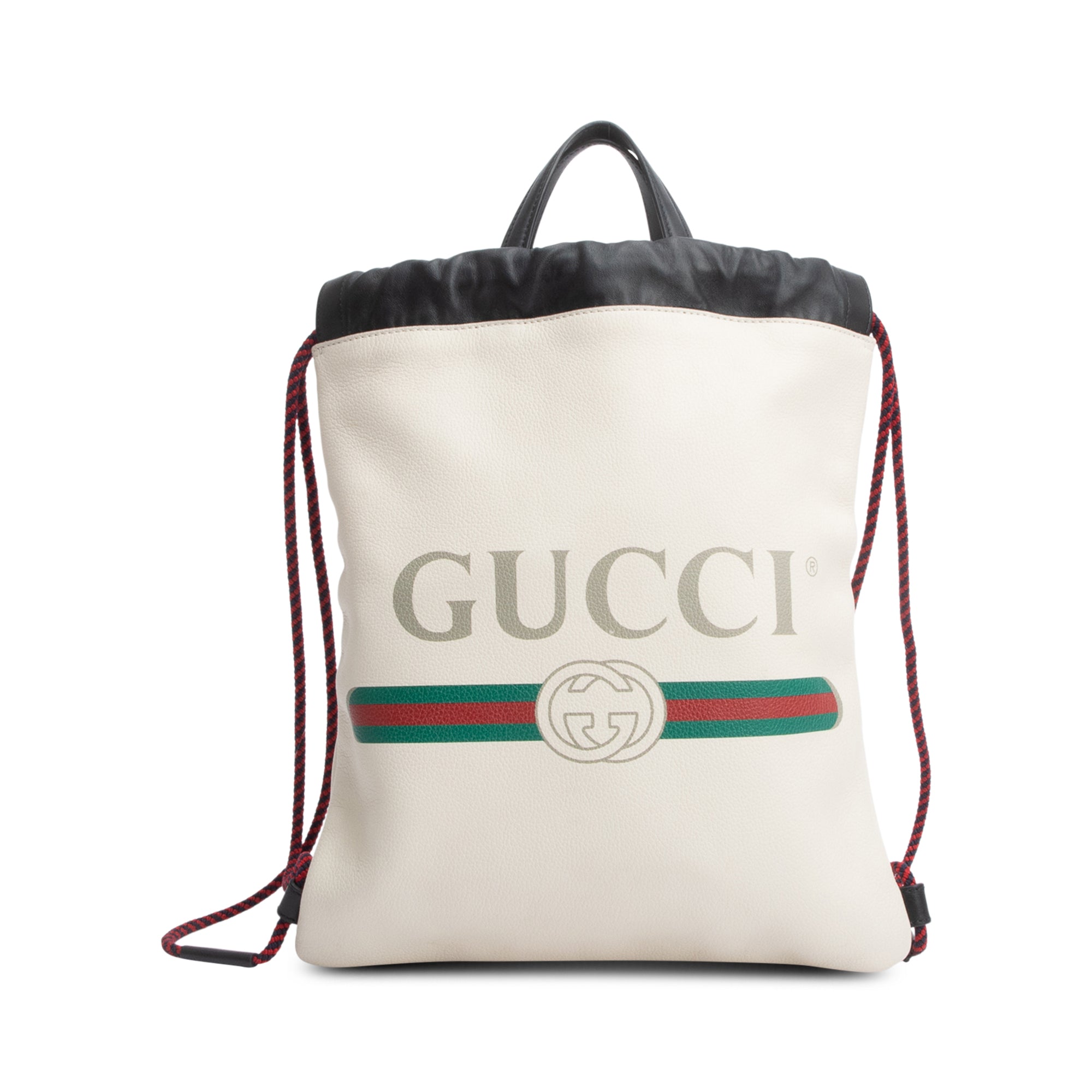 Gucci White Logo Print Web Calfskin Leather Medium Drawstring Backpack with Pouch