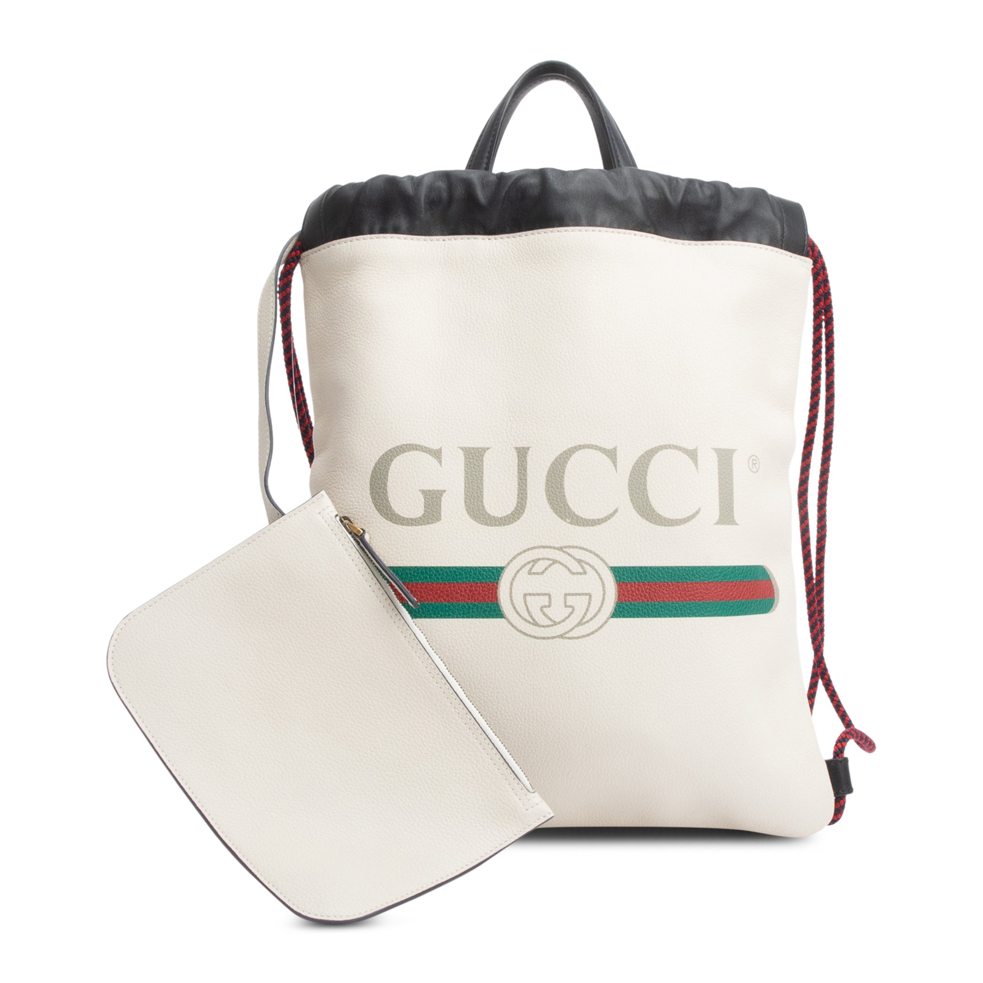 Gucci White Logo Print Web Calfskin Leather Medium Drawstring Backpack with Pouch