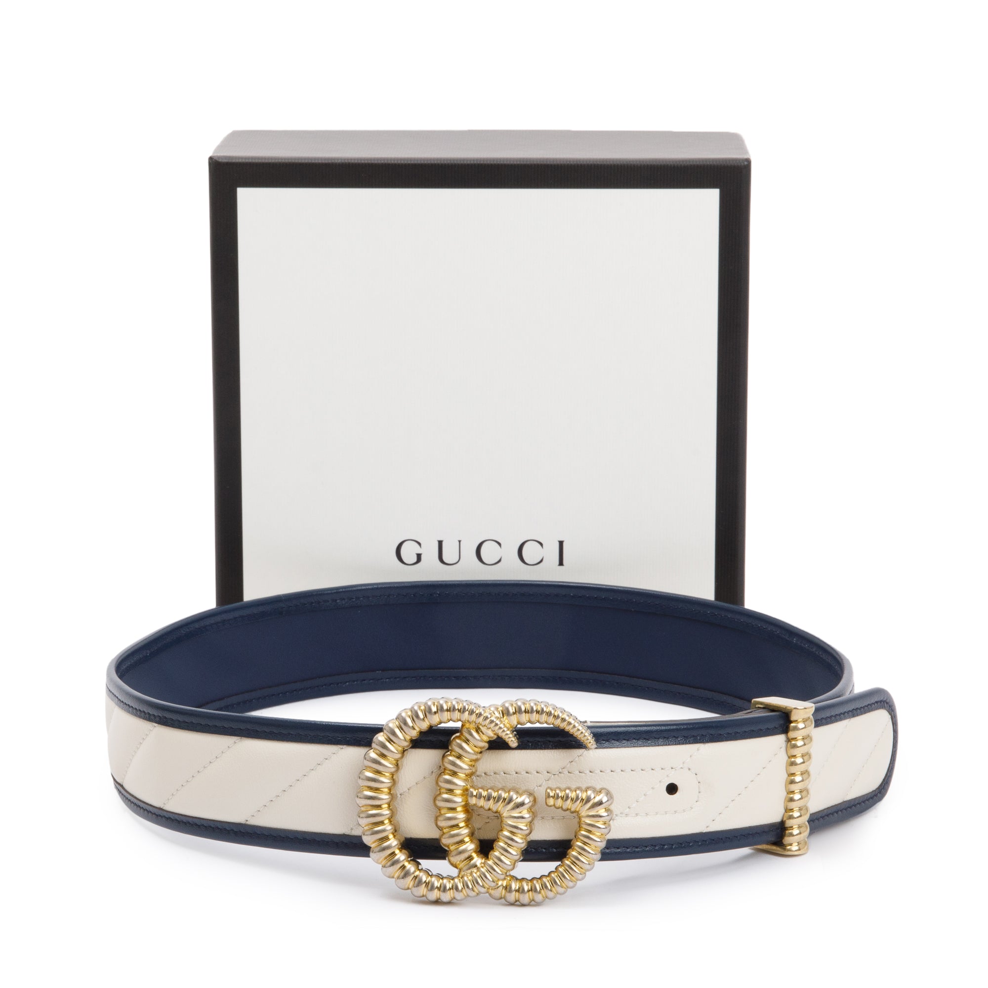 Gucci White Matelasse Diagonal Torchon Double G Buckle Belt, 80 32 w/ Box