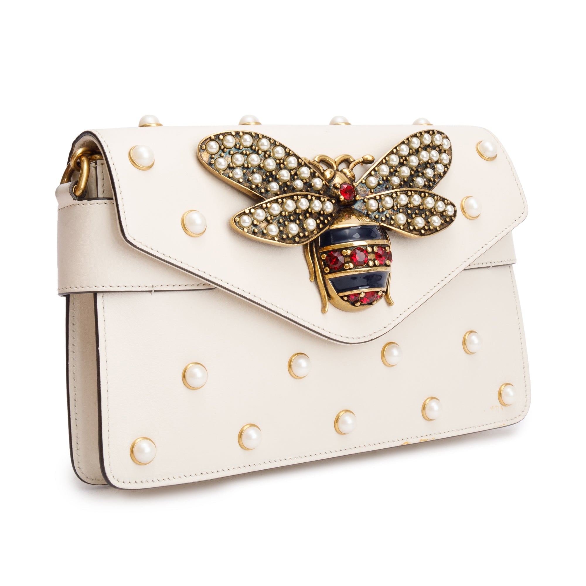 Gucci White Nappa Pearl Studded Mini Queen Margaret Broadway Shoulder Bag w/ Straps