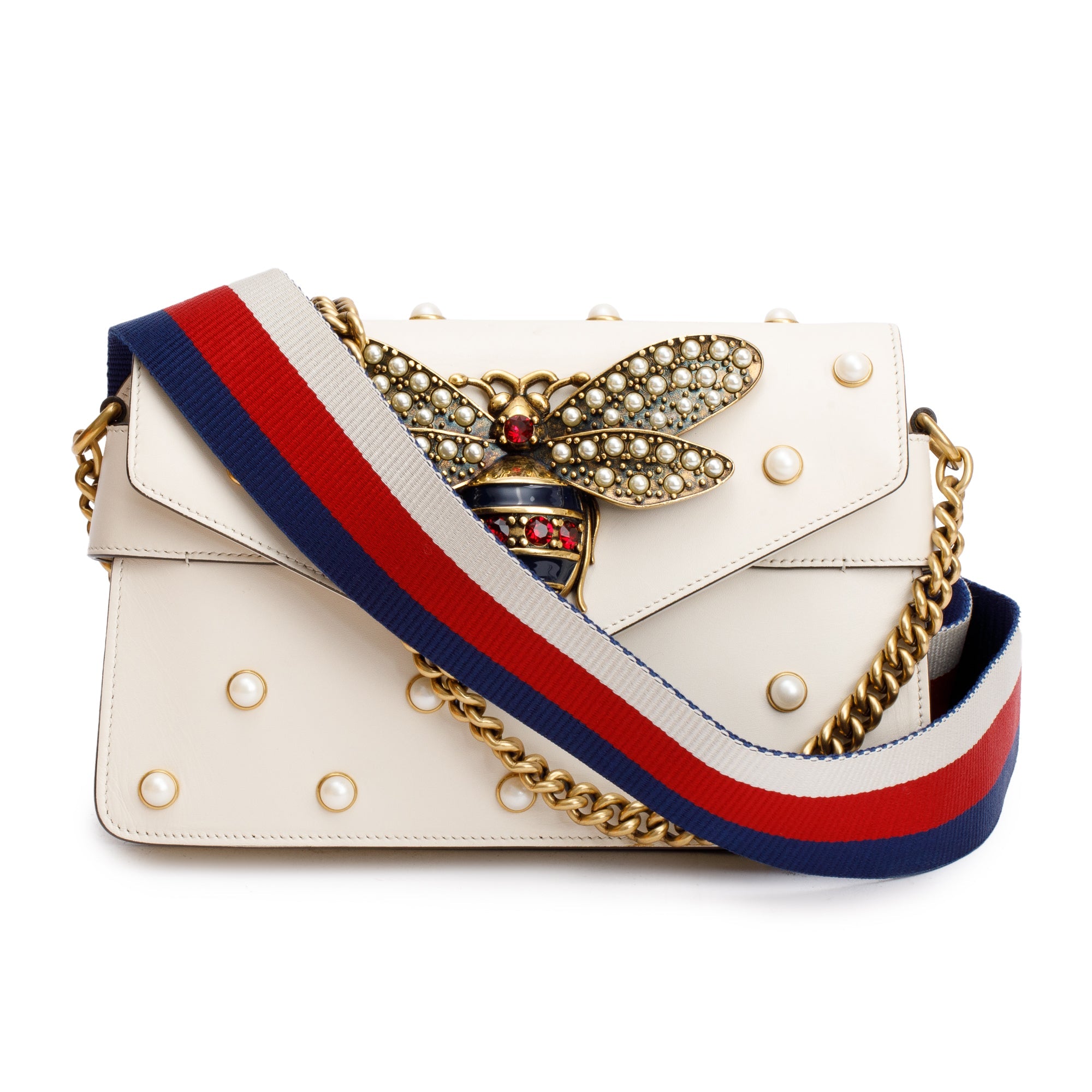 Gucci White Nappa Pearl Studded Mini Queen Margaret Broadway Shoulder Bag w/ Straps