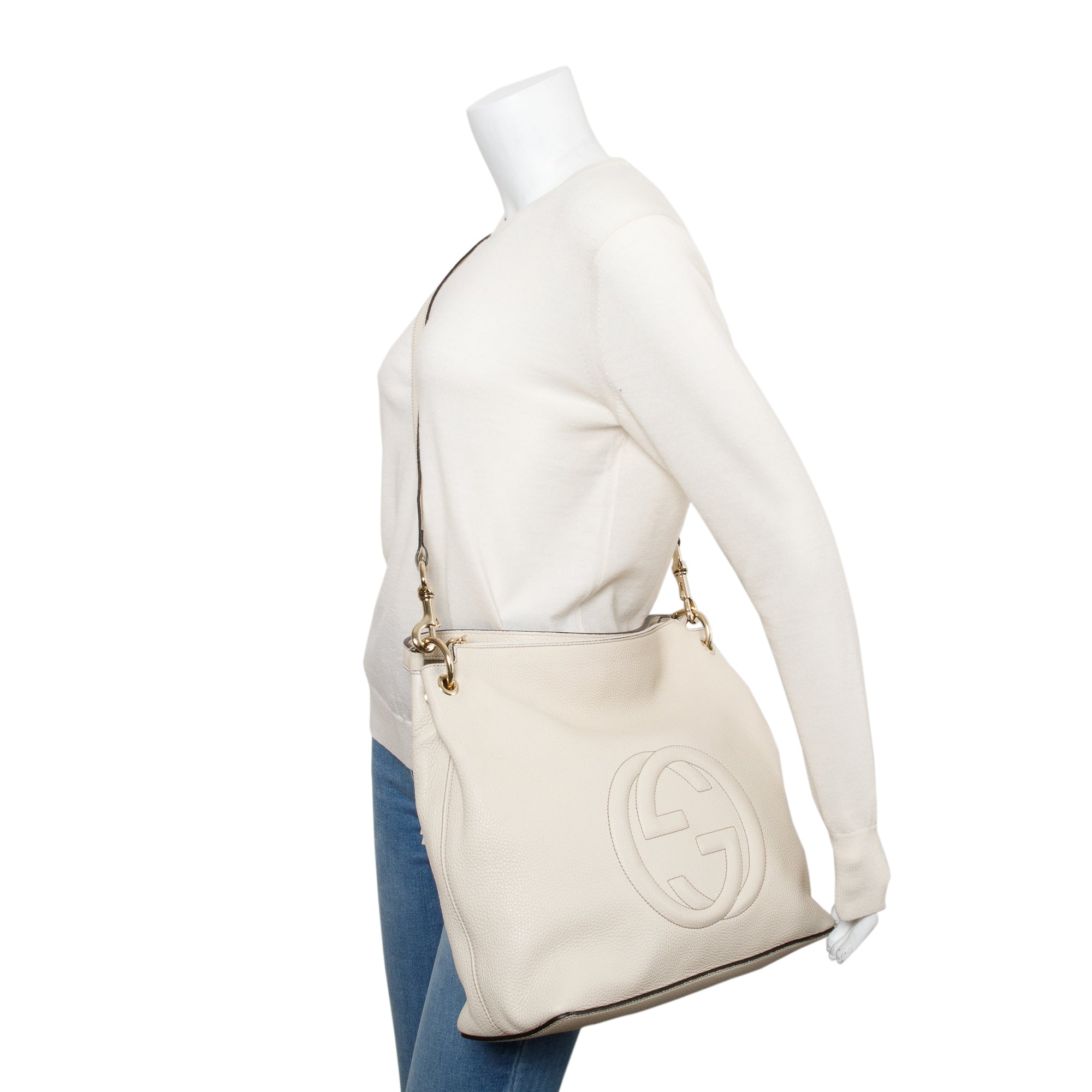 Gucci White Pebbled Calfskin Leather Convertible Soho Hobo Bag