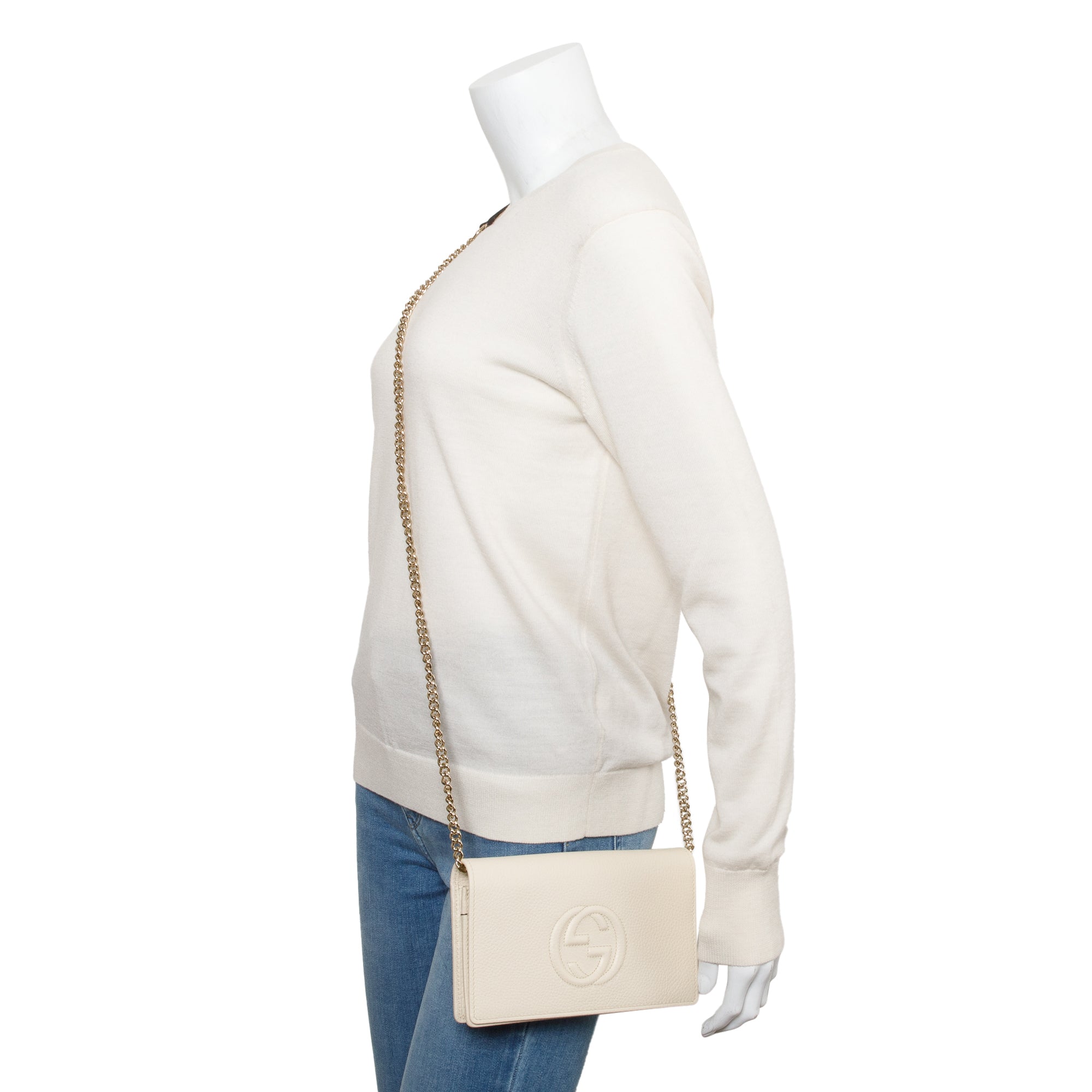 Gucci White Pebbled Calfskin Soho Wallet On Chain w/ Box