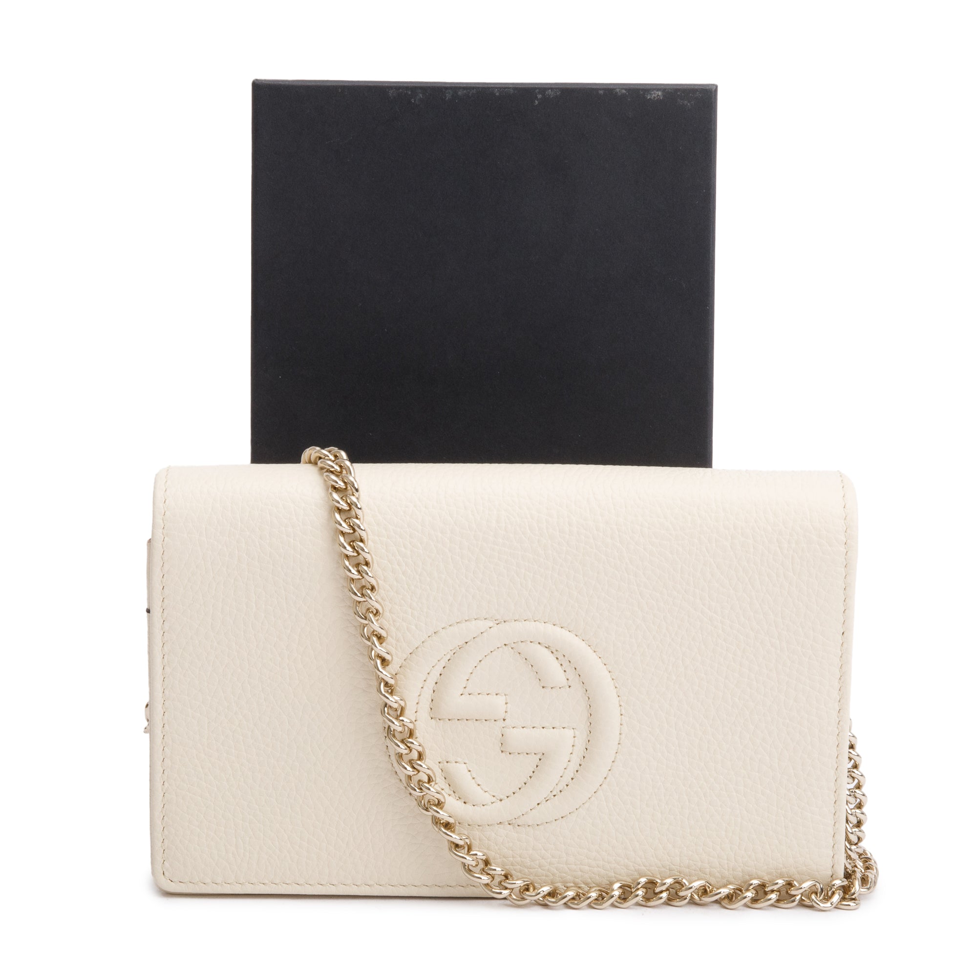 Gucci White Pebbled Calfskin Soho Wallet On Chain w/ Box