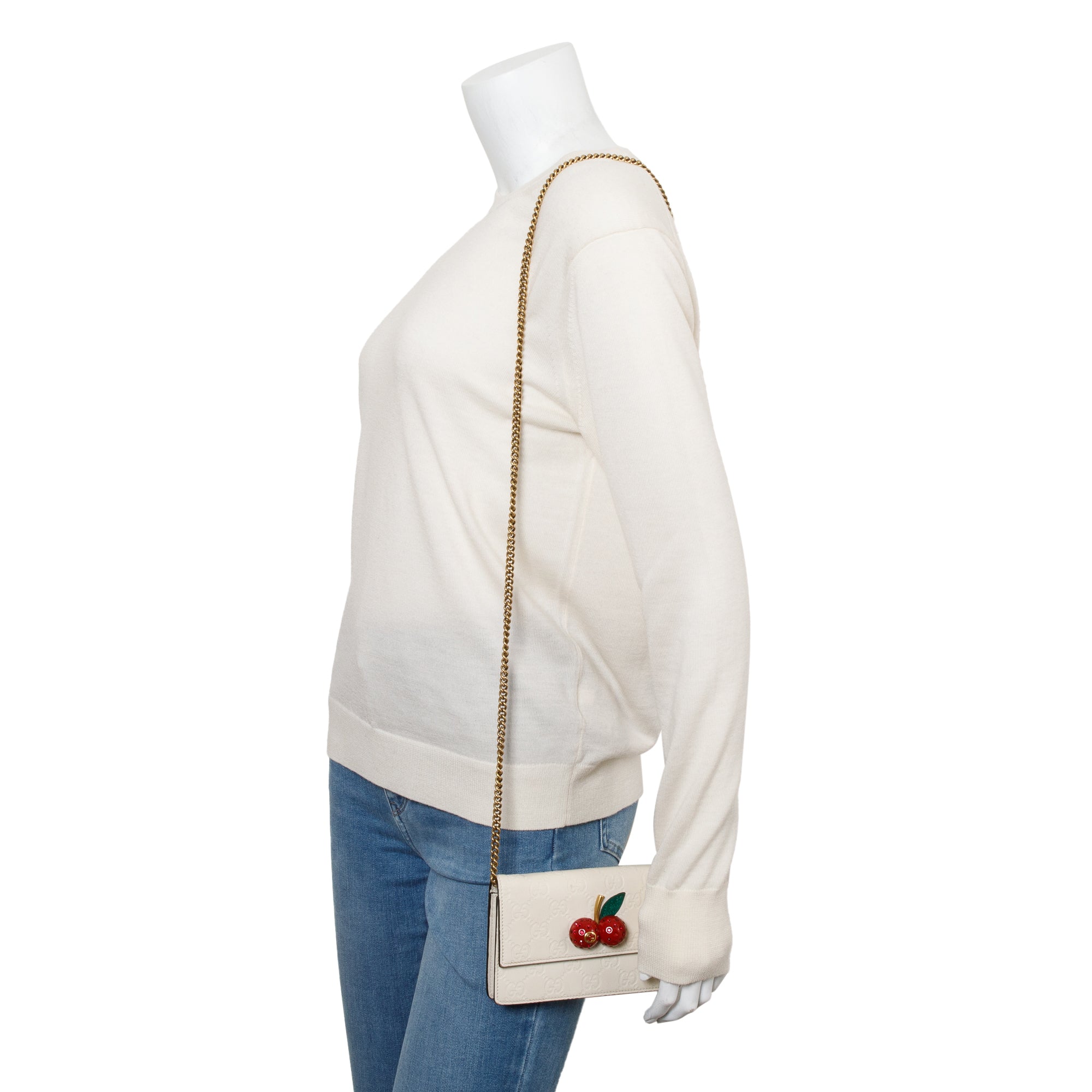 Gucci White Signature Leather Cherry Mini Wallet On Chain