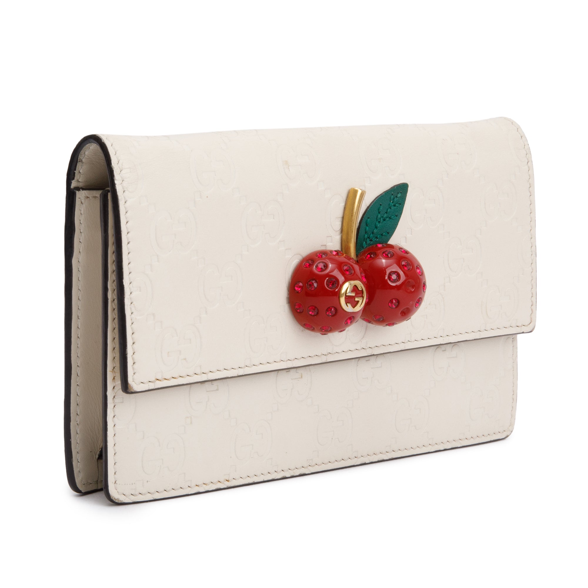 Gucci White Signature Leather Cherry Mini Wallet On Chain
