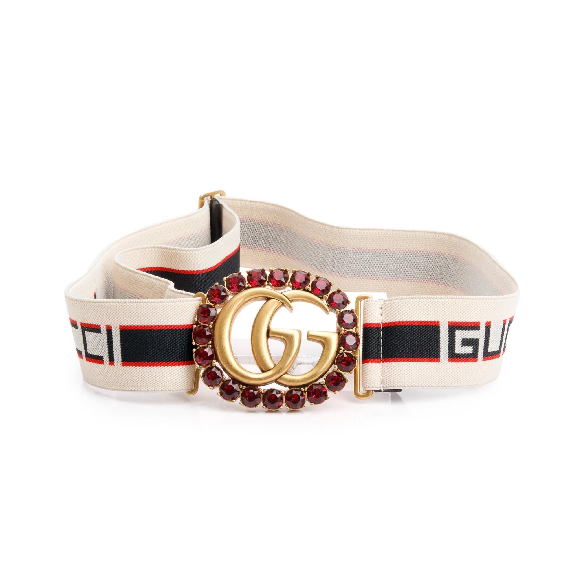 Gucci White Stripe Jacquard Web Crystal Embellished Double G Belt, 85 34