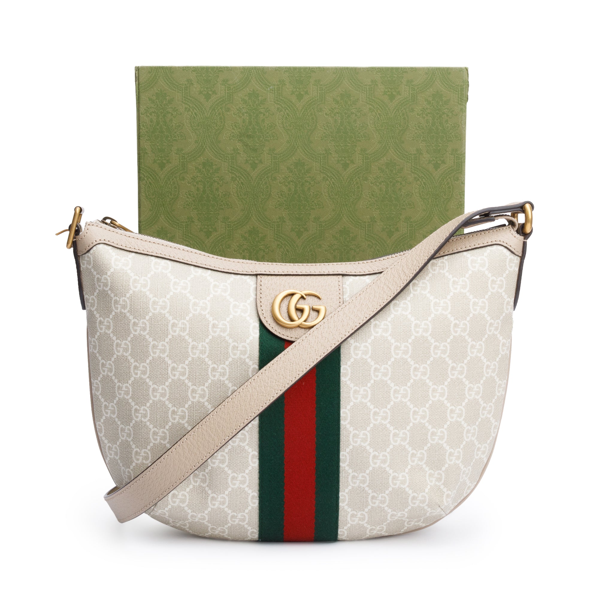 Gucci White/Beige GG Supreme Web Small Ophidia Half Moon Hobo w/ Box
