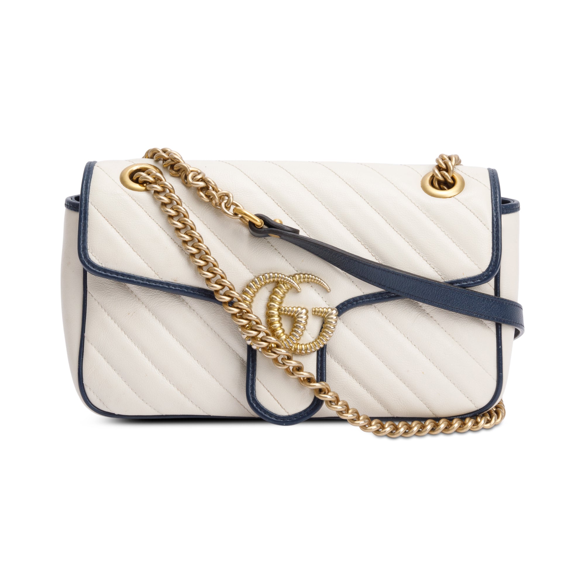 Gucci White/Navy Trim GG Marmont Matelasse Leather Torchon Small Shoulder Bag