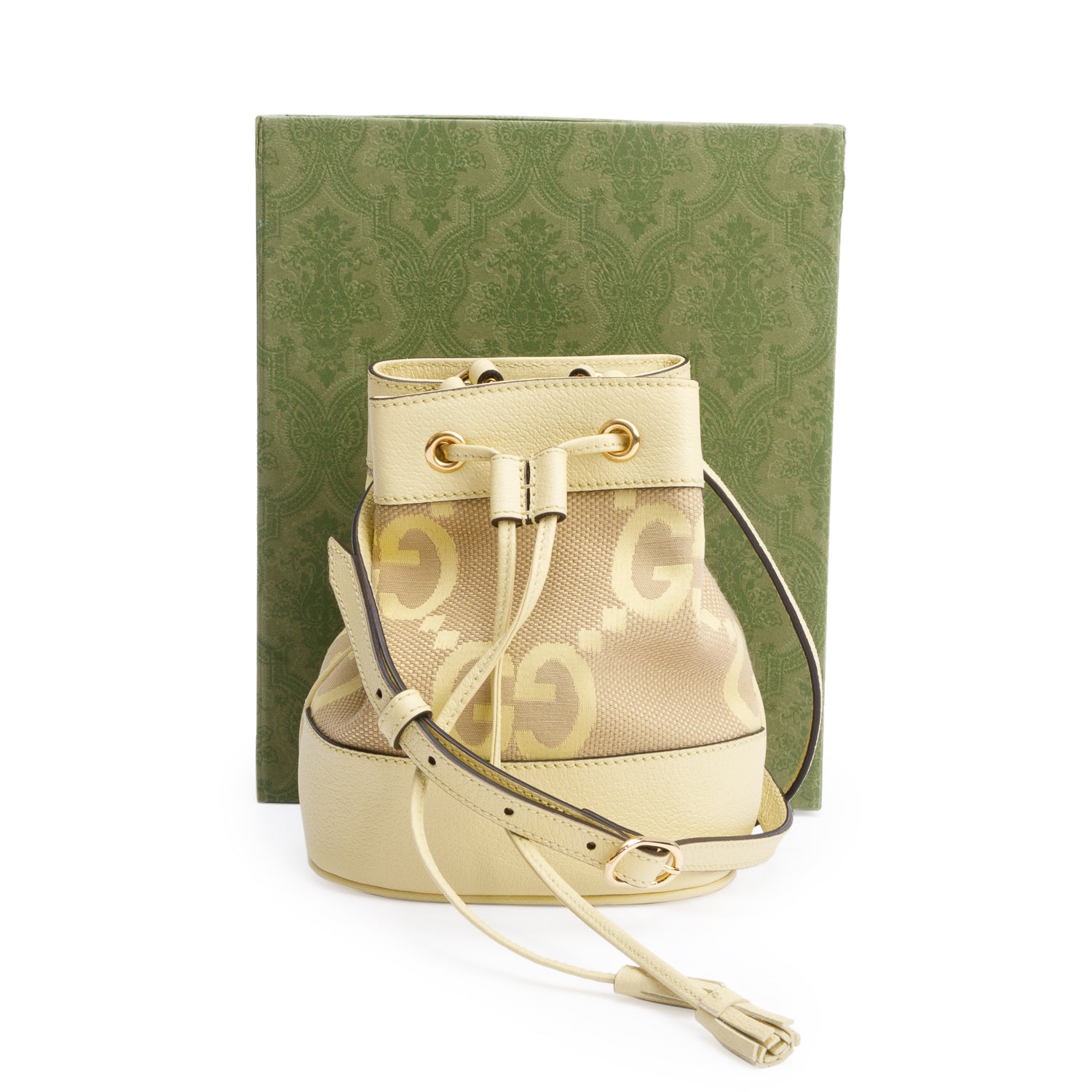 Gucci Yellow Jumbo GG Canvas & Leather Ophidia Mini Bucket Bag w/ Box