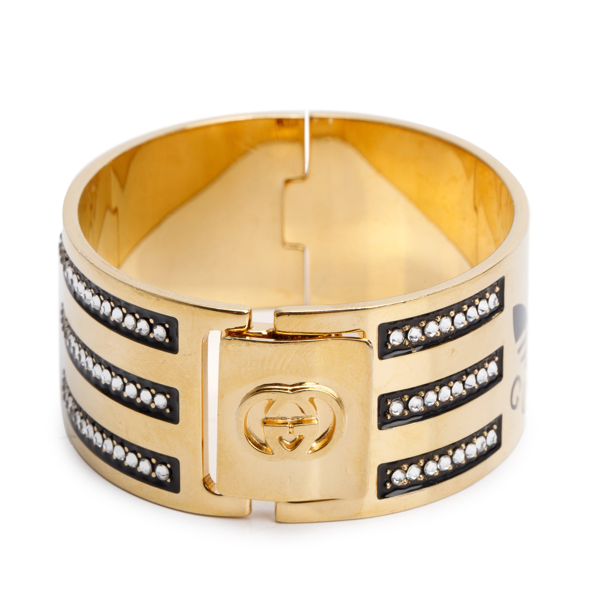 Gucci x Adidas Gold Plated Enamel & Crystal Hinged Bangle Bracelet
