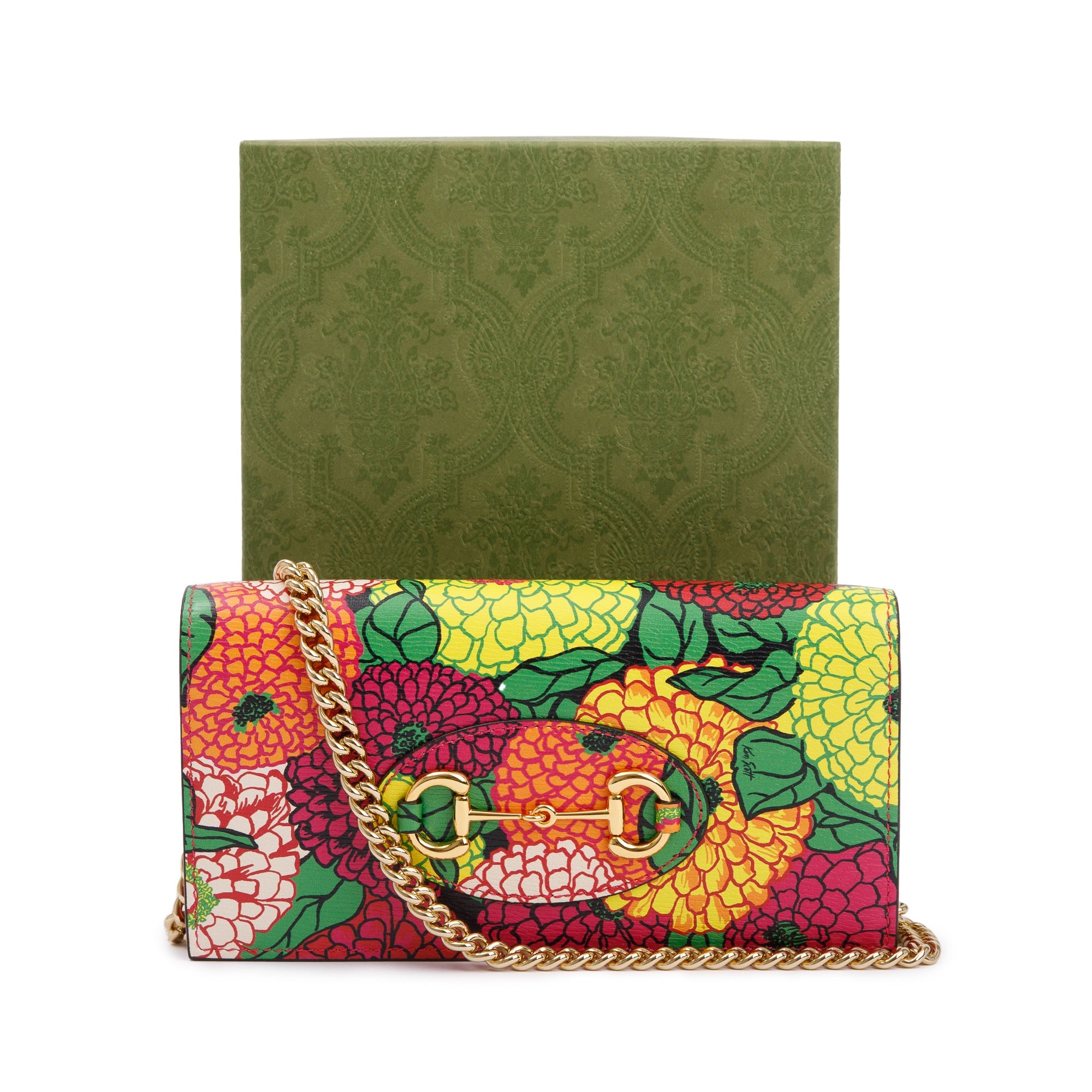 Gucci x Ken Scott Multicolor Pomponica Print Calfskin Horsebit 1955 Wallet on Chain w/ Box