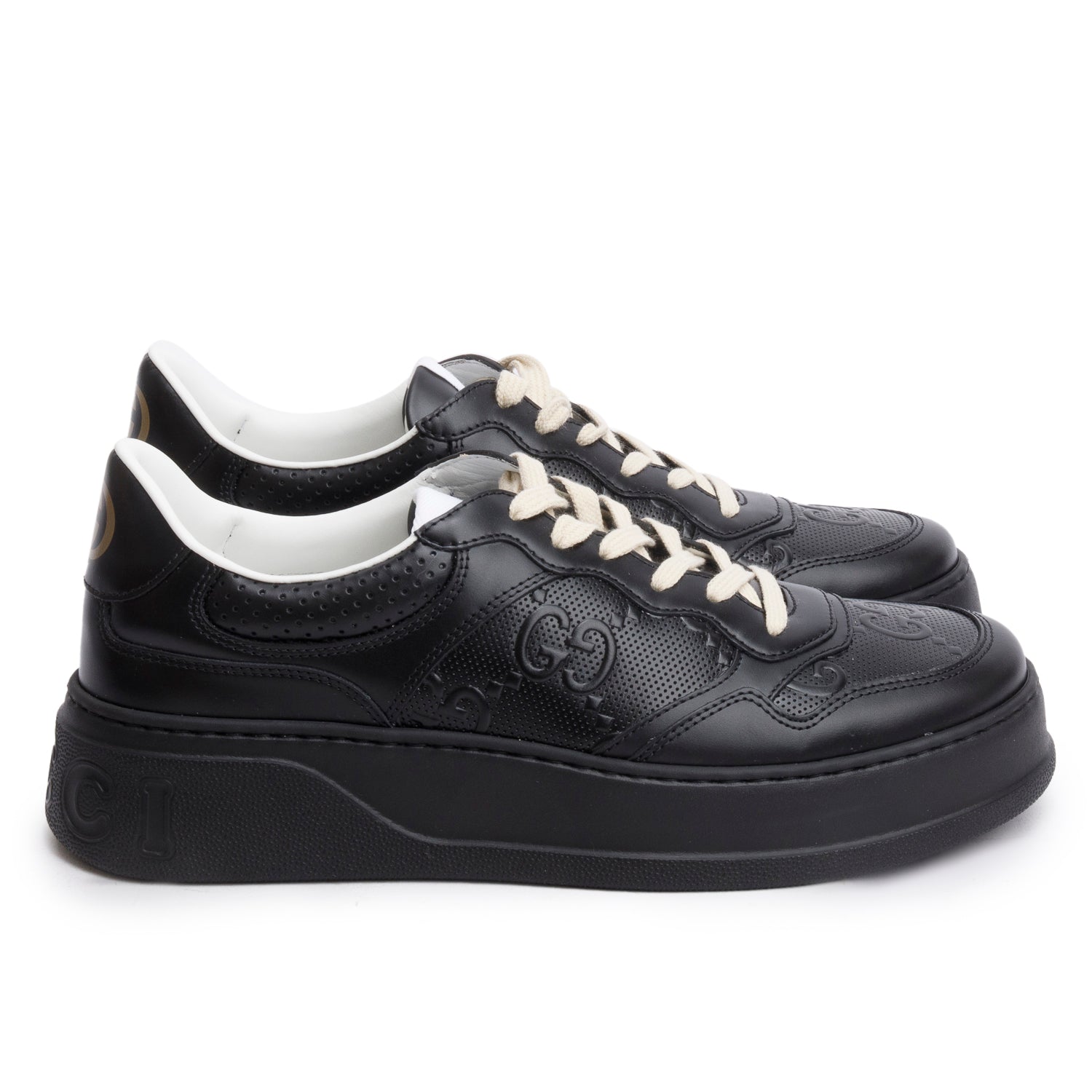 Gucci Black Embossed GG Logo Leather Chunky Sneakers w/ Box, Men's Size 8.5