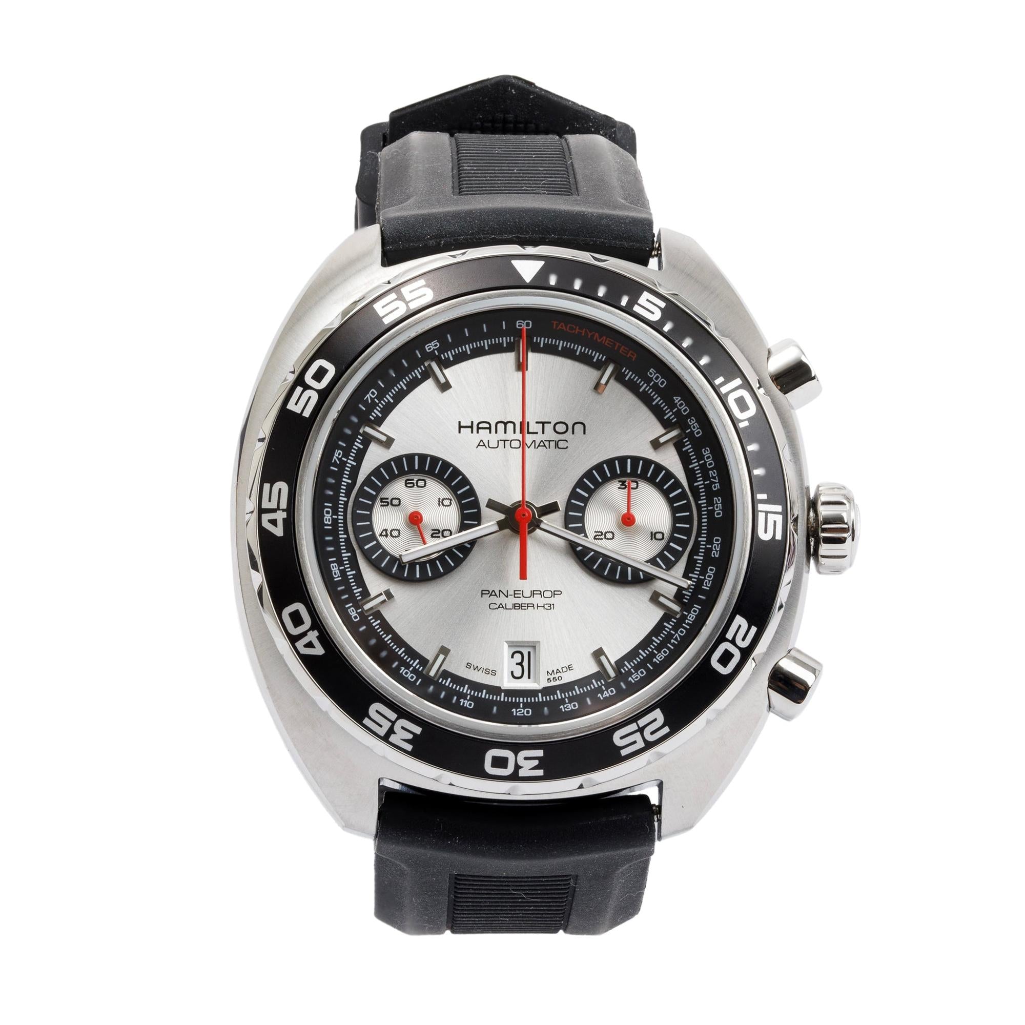 Hamilton Stainless Steel Pan Europ Automatic Chronograph 45 MM Watch w/ Box, Papers, Extra Straps