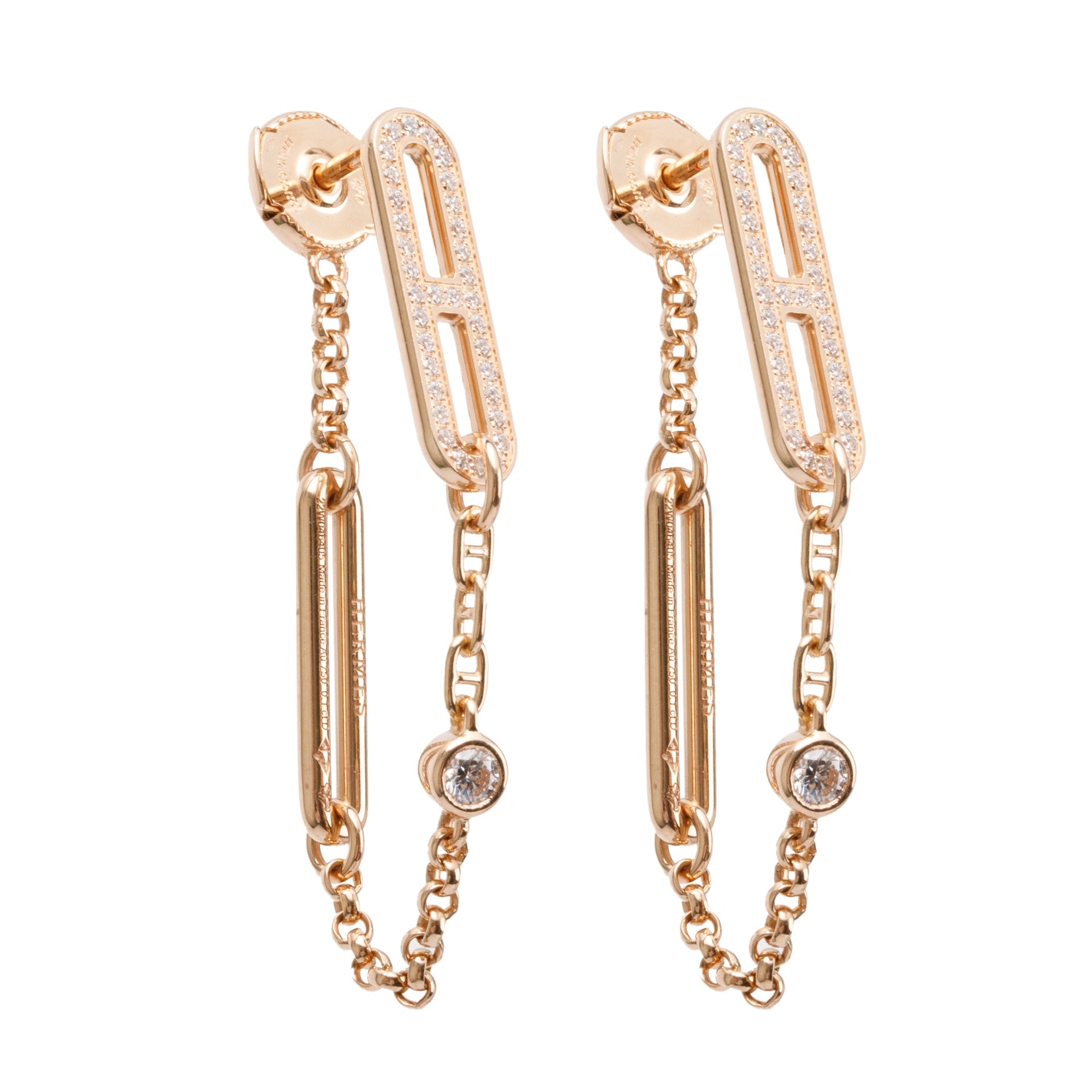 Hermes 18k Rose Gold Diamond Chaine D'Ancre Chaos Earrings w/ Box