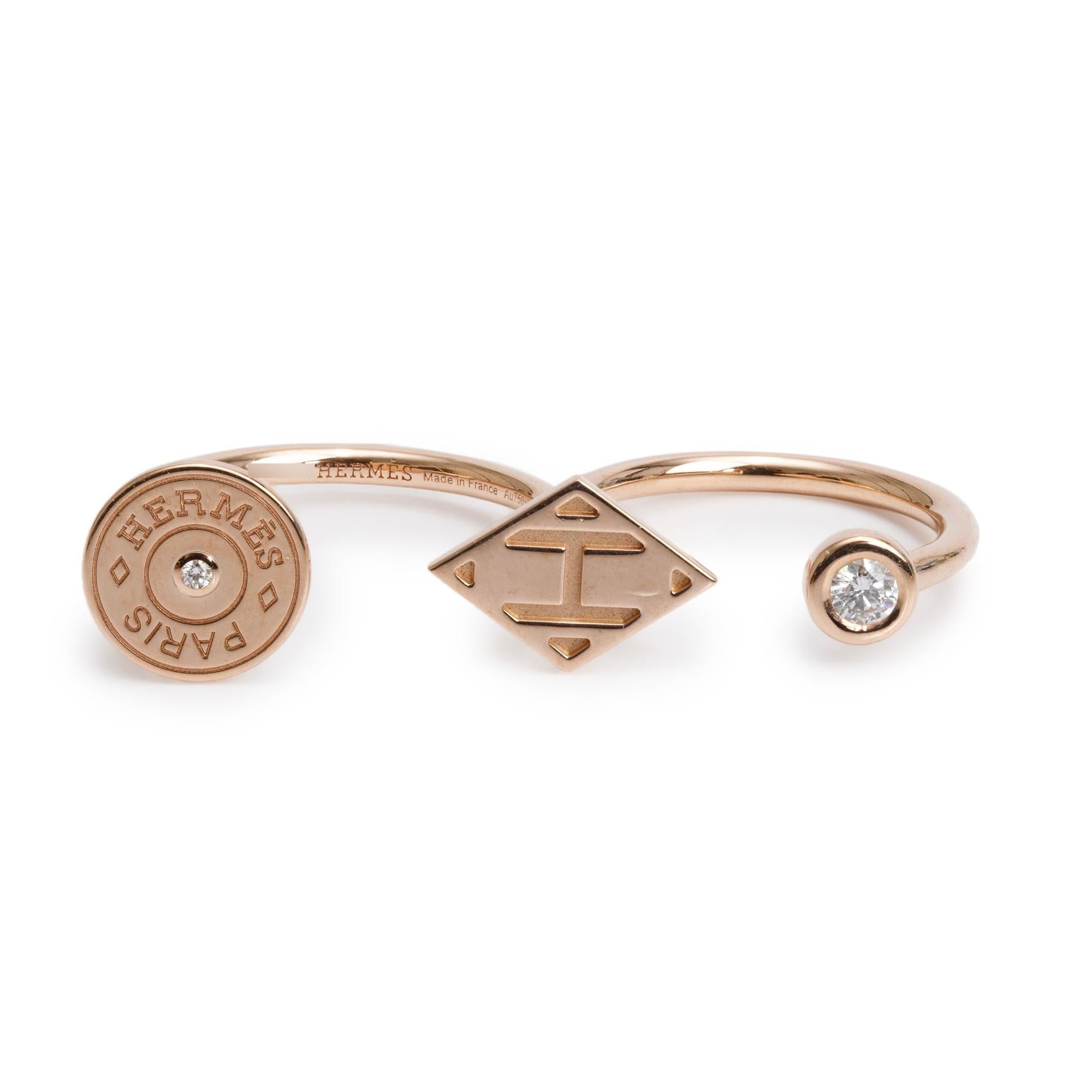 Hermes 18k Rose Gold Diamond Gambade Double Ring, Size 52