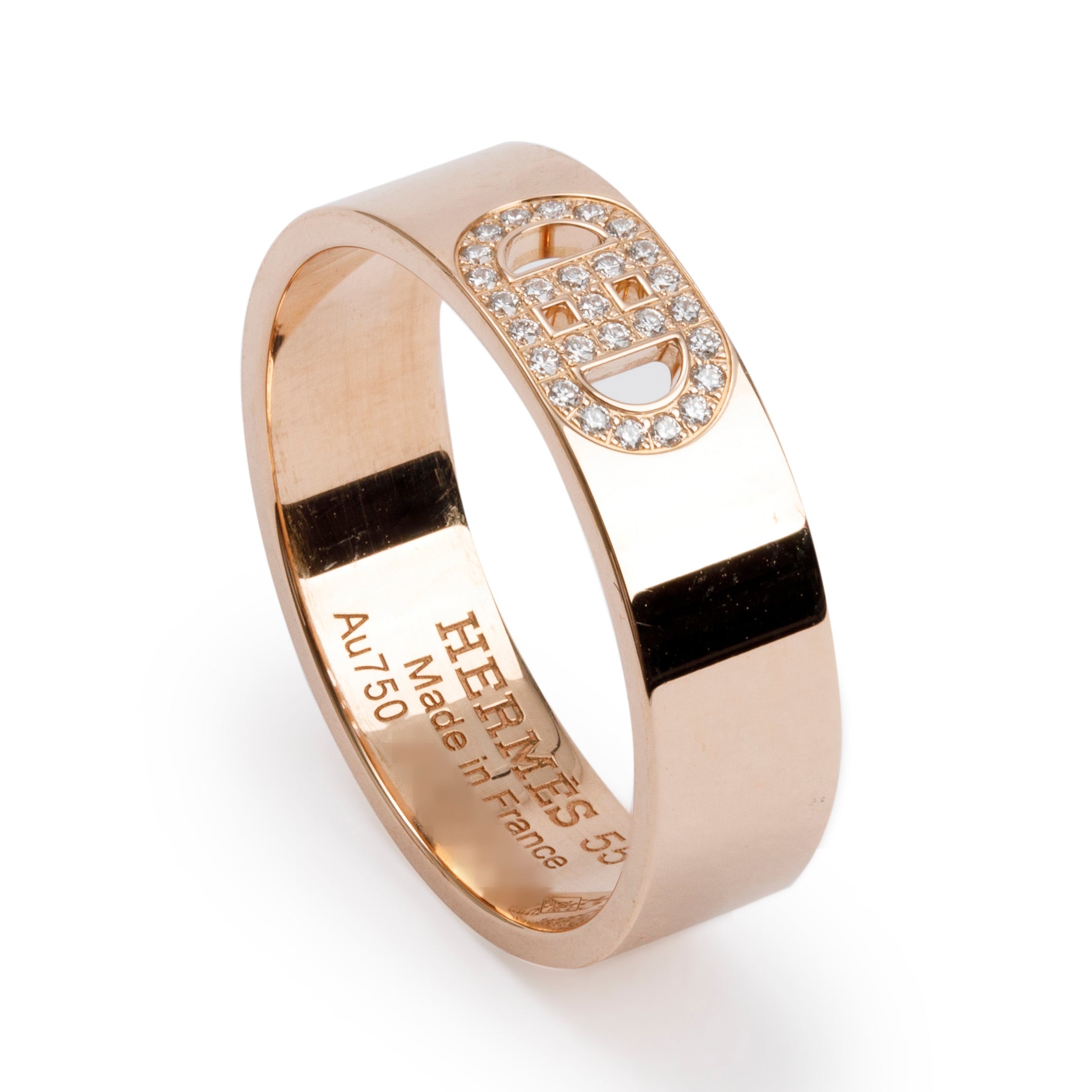 Hermes 18k Rose Gold Diamond H D'Ancre Ring, Small Model Size 55 7.25 w/ Box