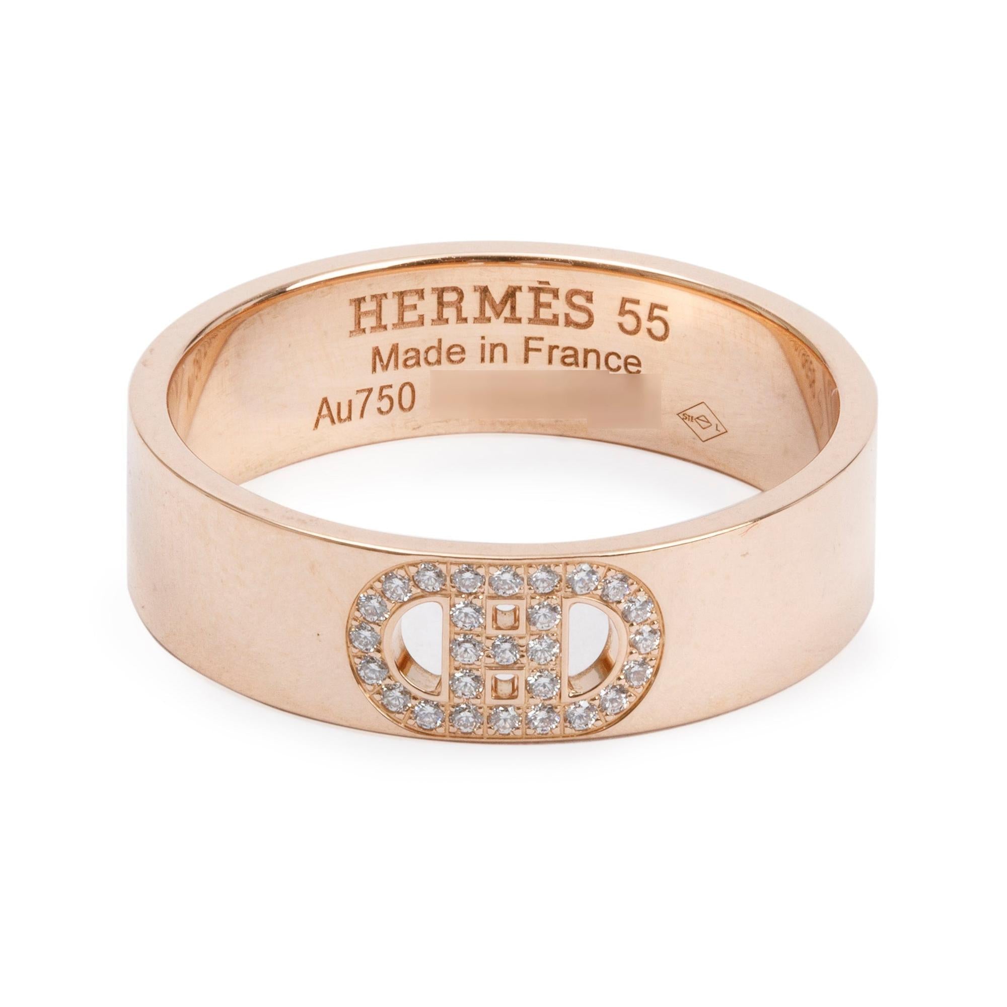 Hermes 18k Rose Gold Diamond H D'Ancre Ring, Small Model Size 55 7.25 w/ Box